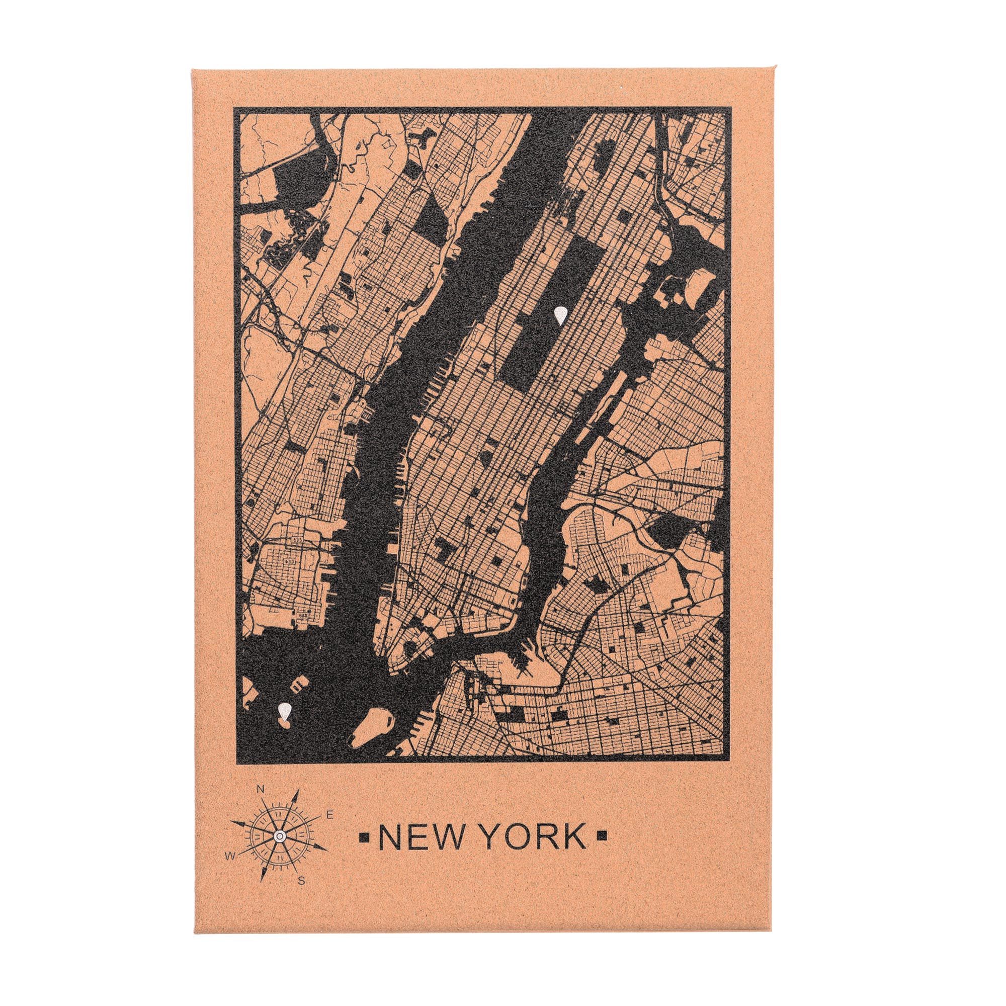 UNUS HOME Wanddekoobjekt Kork Wandbild Weltkarte 61x41 cm Pinnwand aus Naturkork (Wandbild Kork Stadtkarte New York mit Stecknadeln)