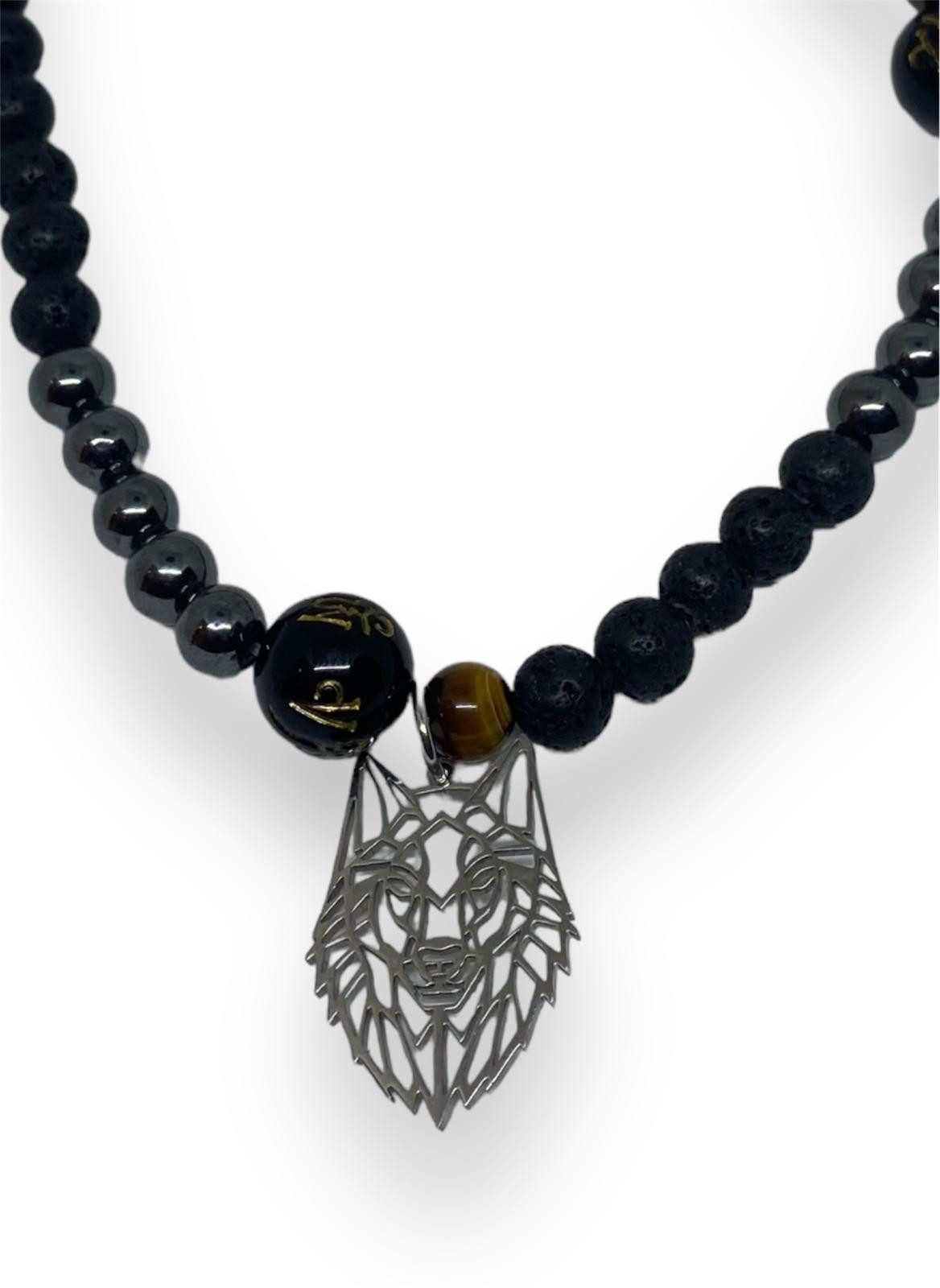 Aaron Bane Perlenkette Lava Hämatit Perlenkette Mala Perlen und Wolfsanhänger Hand Made (1-tlg)