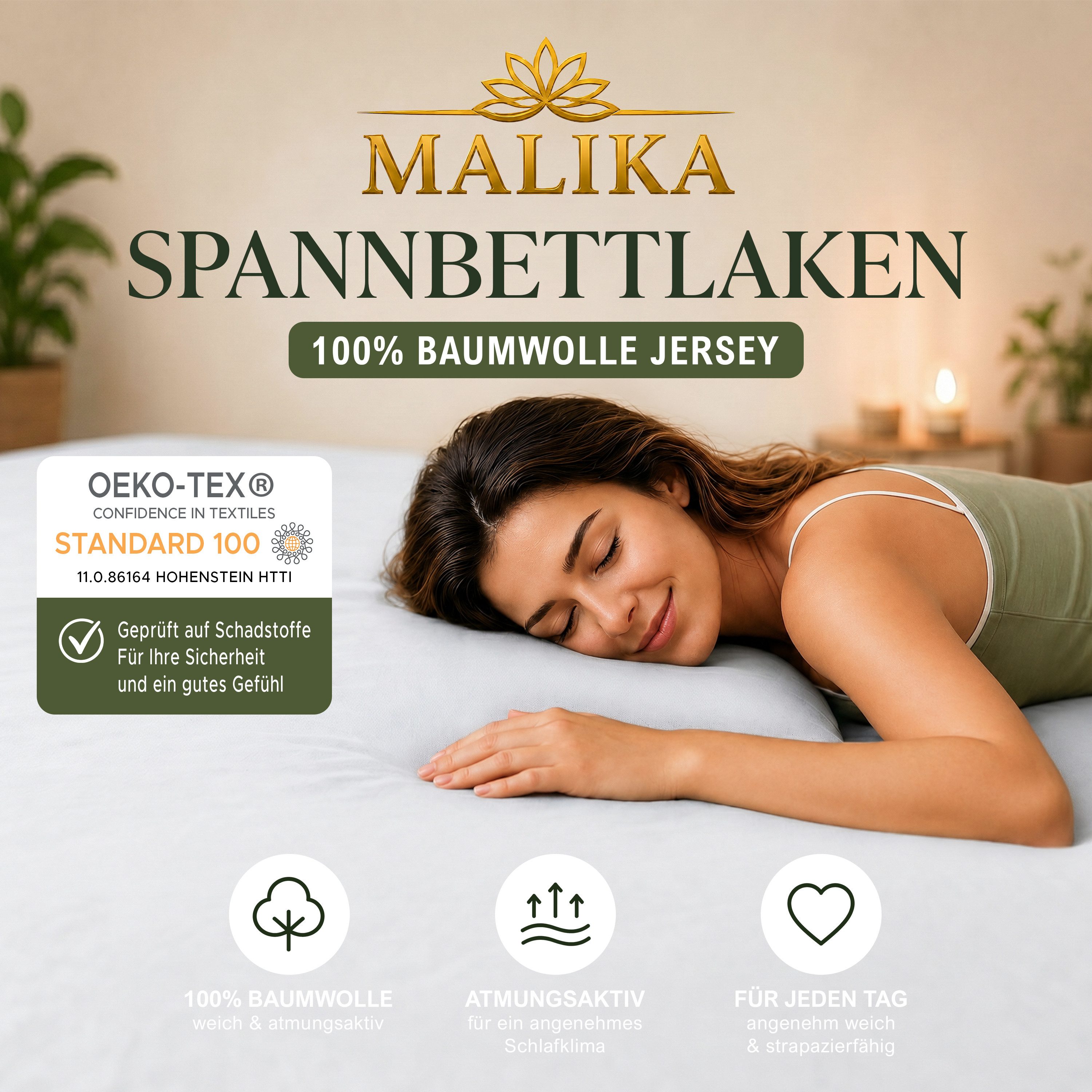 Malika Spannbettlaken Baumwolle weiches Ganzjahres-Spannbetttuch, Jersey Baumwolle, Gummizug: Ja, (1 Stück), Allergikergeeignet, Pflegeleicht und Atmungsaktiv – Bild 2 von 5