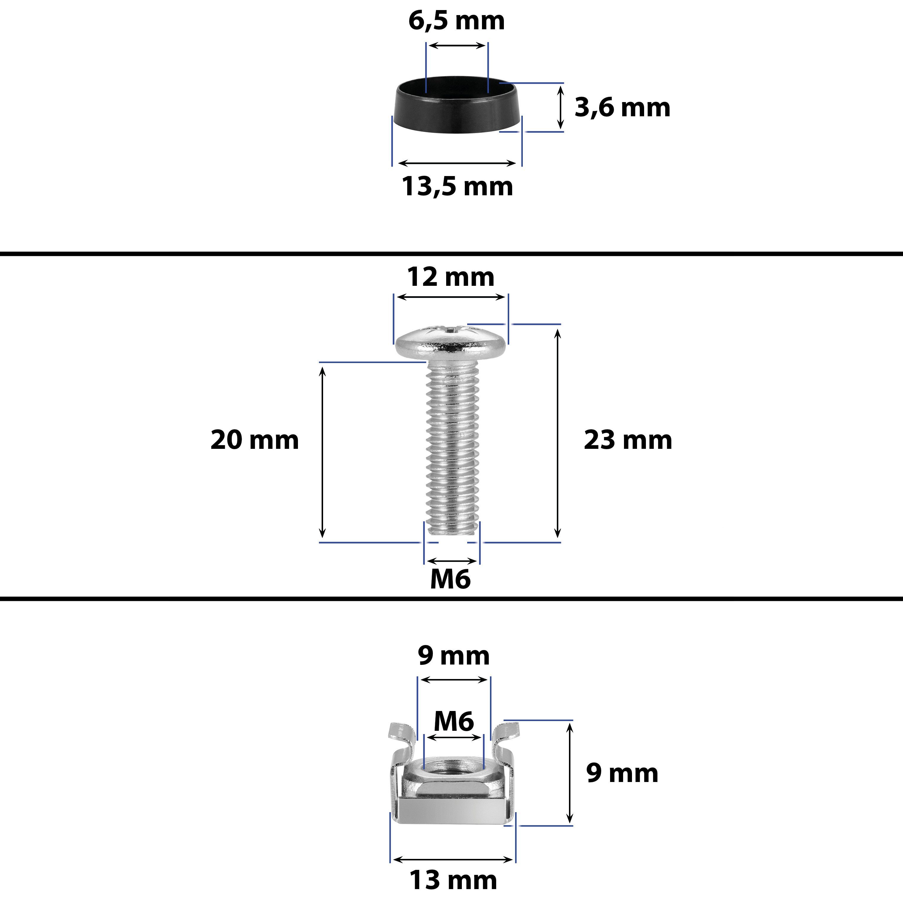 Käfigmuttern Netzwerkschränke, (10 Poppstar Serverschrank-Schrauben für & inkl. Unterlegscheiben 19“ Schrauben-Set 20mm x St), Rack-Schrauben / M6 10“