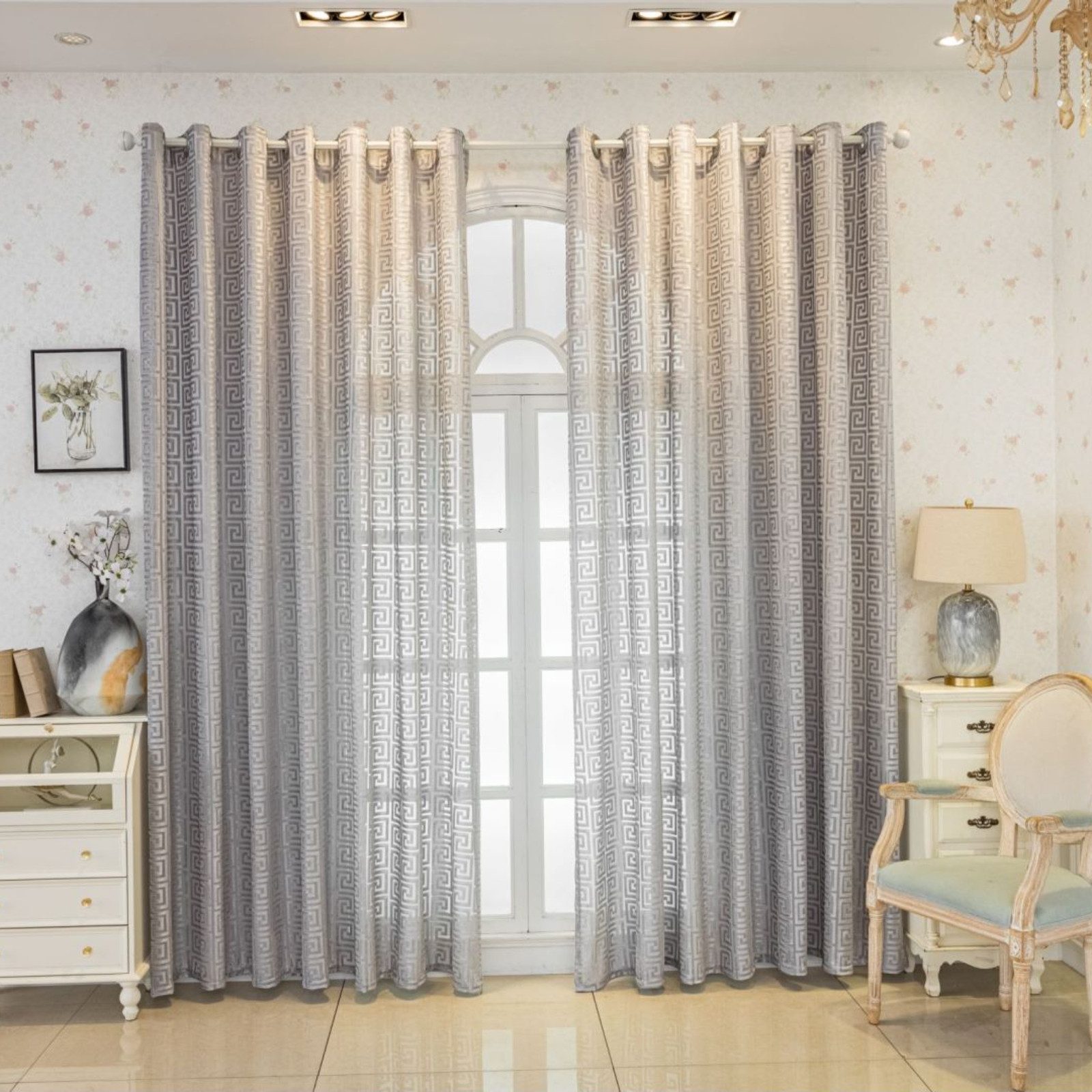 BYSURE Gardine (2 St), Ösen, Lichtschutz, Polyester, Griechische Schlüsselmuster Vintage Vorhang