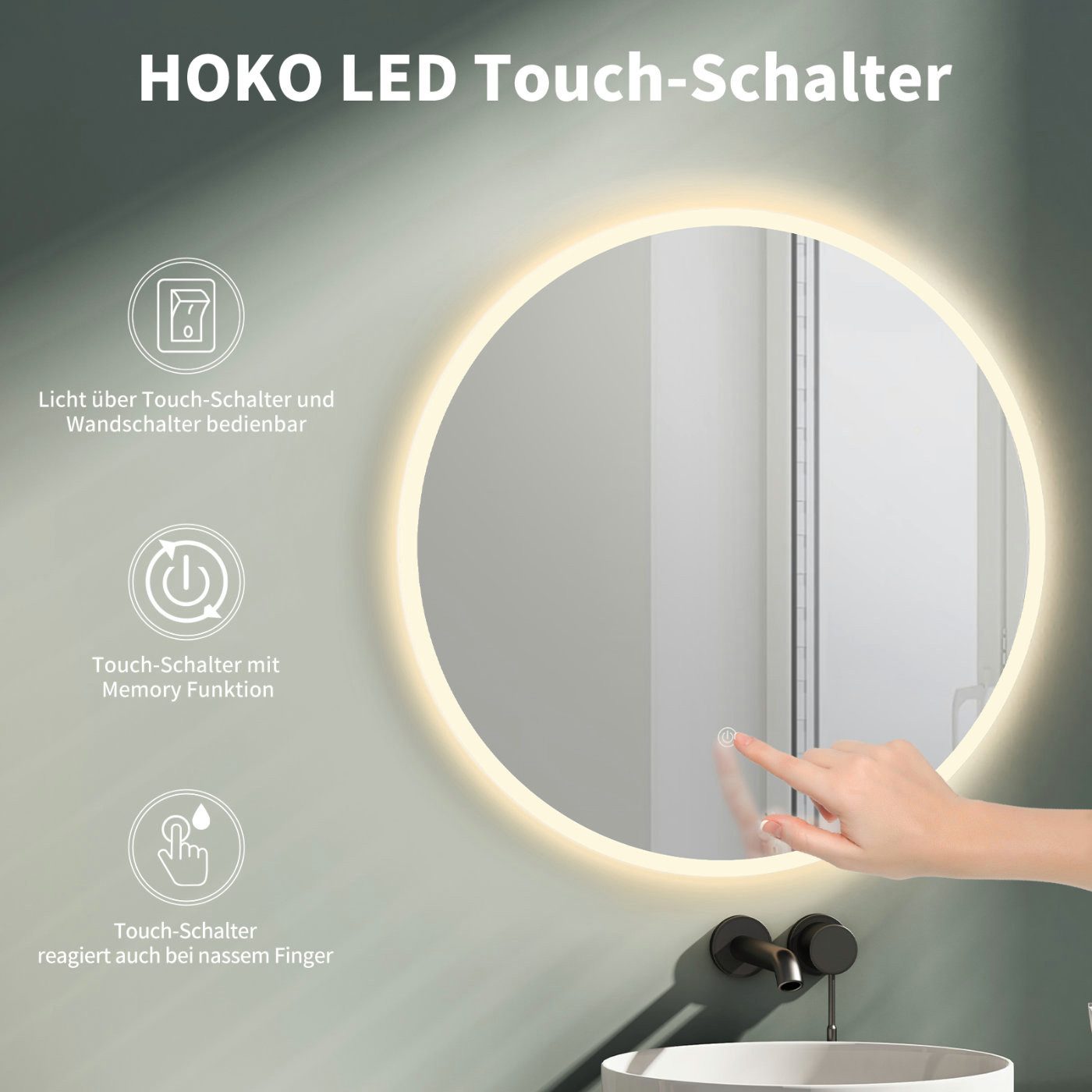 HOKO Badspiegel mit beleuchtung rund 80cm mit Kosmetikspiegel, LED Licht Wechsel (Warmweiß - Kaltweiß - Neutral. Licht mit Touch Schalter und mit Wandschalter einschaltbar. Memory-Funktion.IP44, 5mm HD Glass)