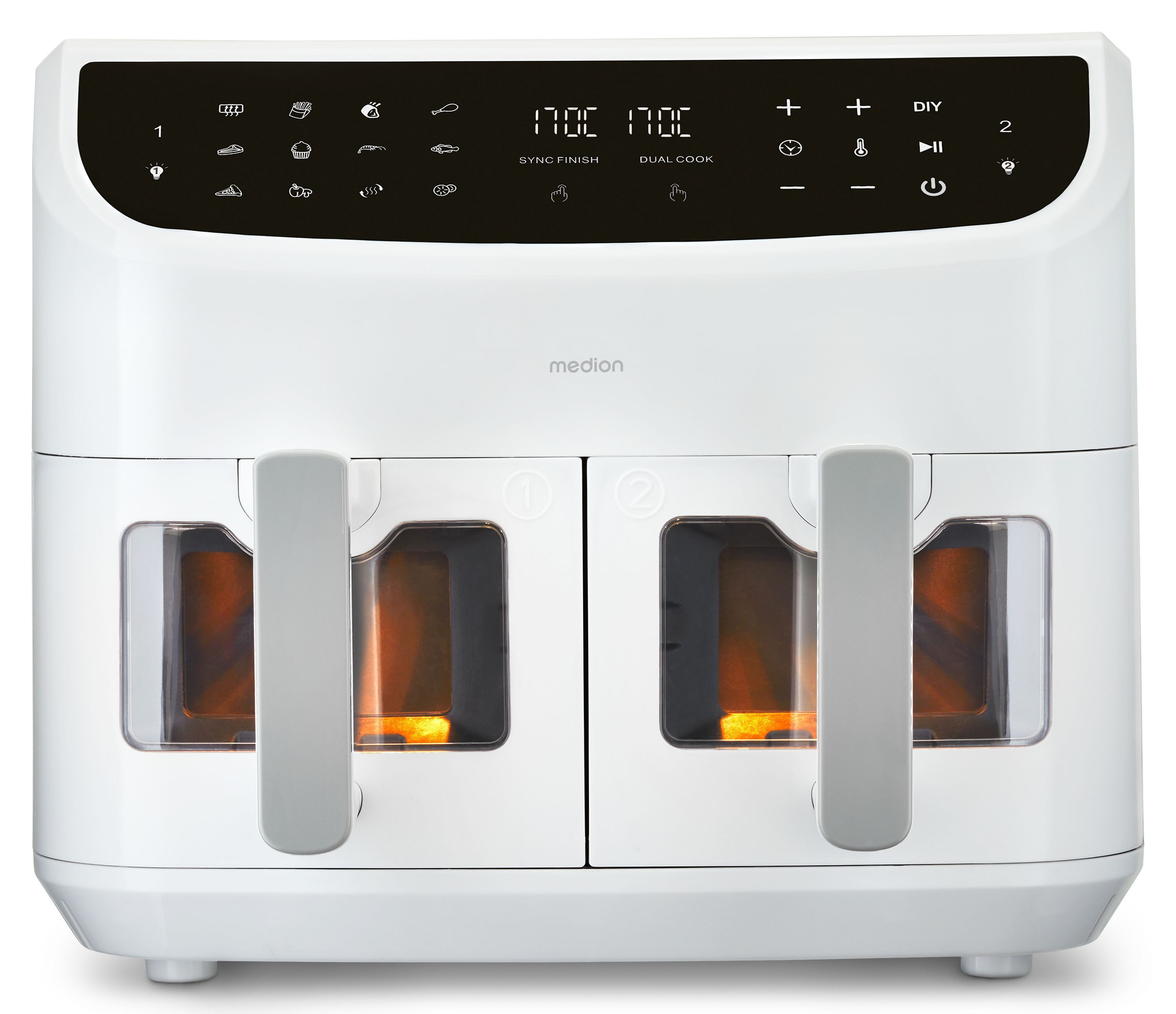 Medion® Heißluftfritteuse MD11760 P20 XXL, 2 separat gesteuerte Garkammern, Touch Display, 2400 W, Temperatur 50 - 200 °C, ILAG Beschichtung, Sync-Finish