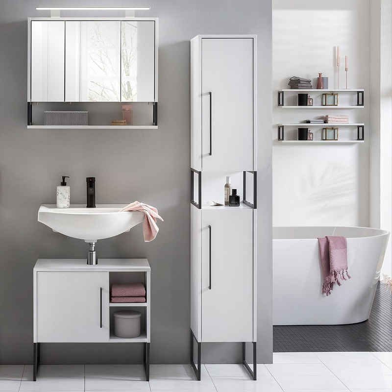 Lomadox Badmöbel-Set LIMOGES, (Spar-Set, 6-St), Badezimmer weiß Hochschrank Unterschrank Spiegelschrank Beleuchtung