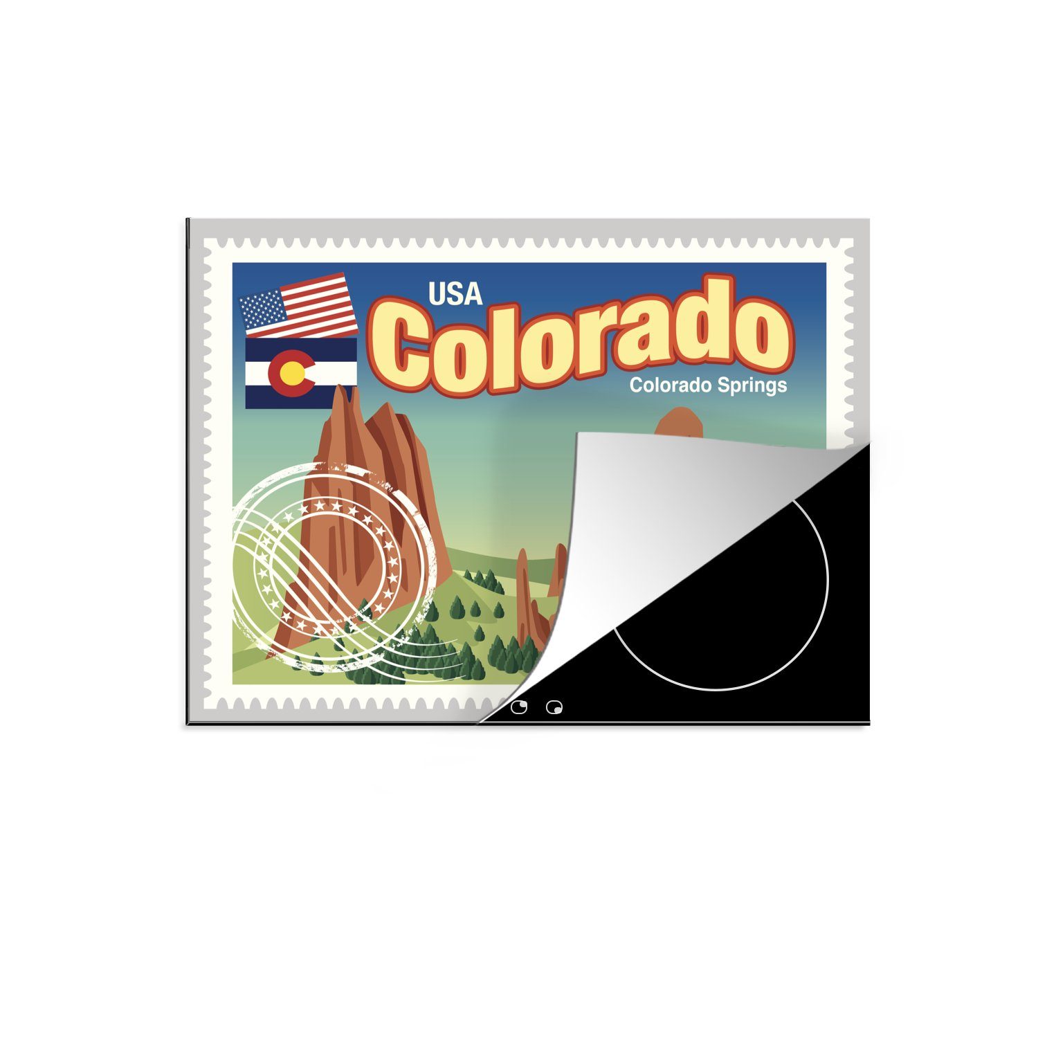 MuchoWow Herdblende-/Abdeckplatte Illustration einer Briefmarke der Stadt Colorado Springs, Vinyl, (1 tlg), 70x52 cm, Mobile Arbeitsfläche nutzbar, Ceranfeldabdeckung