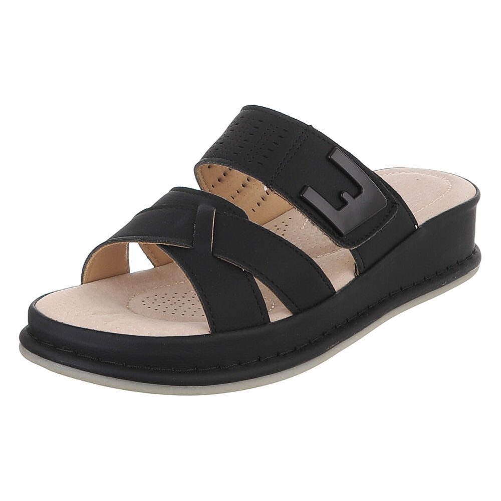 Ital-Design Damen Pantolette mit Keilsohle und Zierelement Plateausandaletten (91849392) Keilabsatz/Wedge Keilsandaletten in Schwarz