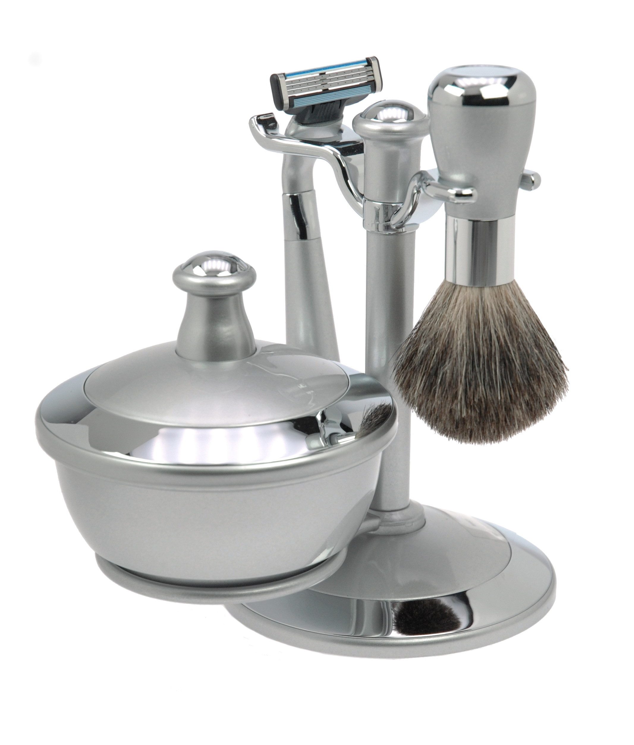 Fantasia Beauty Rasierset Rasier-Set mit Schale + Spiegel-Deckel silber, 1-tlg., Rasierständer, Rasierer, Rasierpinsel, Rasierschale, Mach3 Klinge