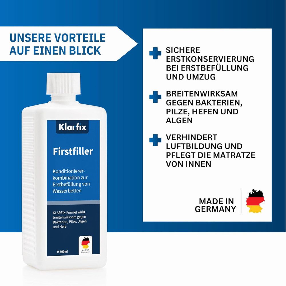 klarfix Wasserbetten-Conditioner für Erstbefüllung Hygienespüler (Spar-Set, [1-St. Hochwirksam gegen Bakterien, Algen & Pilze Extra starker Schutz für Wassermatratzen I Wasserbett-Pflege)