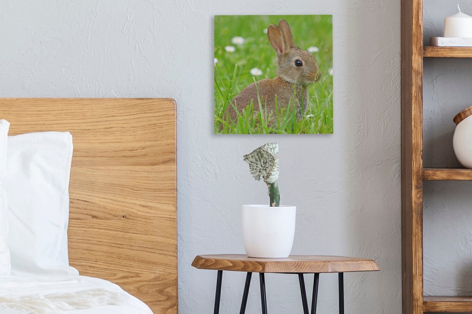 OneMillionCanvasses® Leinwandbild Leinwand Bilder Kaninchen Wohnzimmer - (1 Gras, Blumen - St), Schlafzimmer für