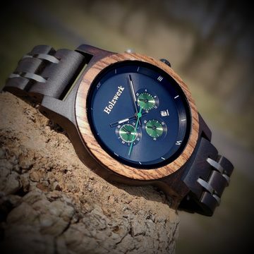 Holzwerk Chronograph BEESKOW Damen & Herren Holz Armband Uhr mit Datum in schwarz, grün