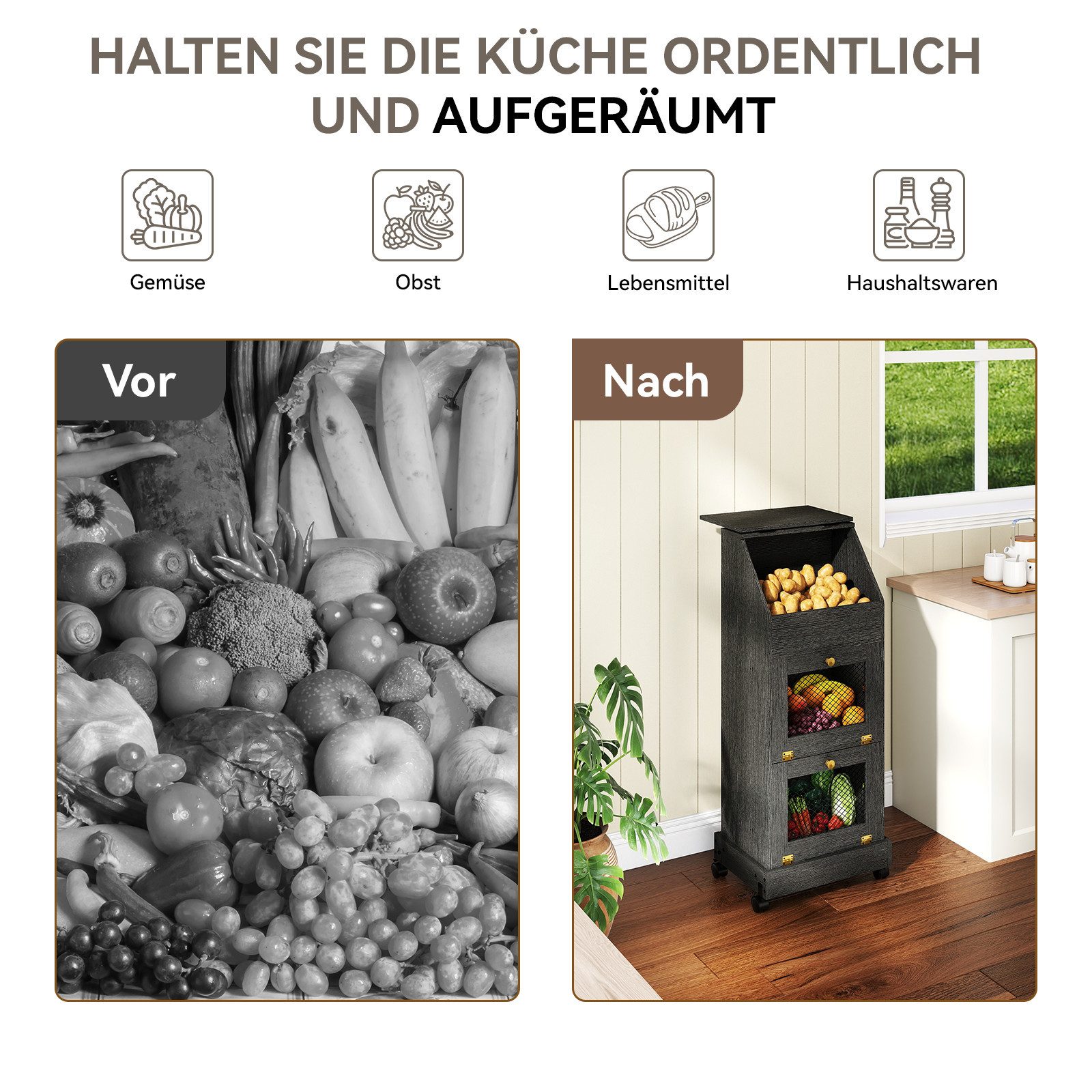 Puluomis Vorratsdose Vorratsdose Kartoffelbox, Gemüsebox mit Rollen, Kartoffelkiste, (Gemüsebehälter mit Belüftung und Brotfach, Aufbewahrung von Gemüse und Obs – Bild 4 von 5