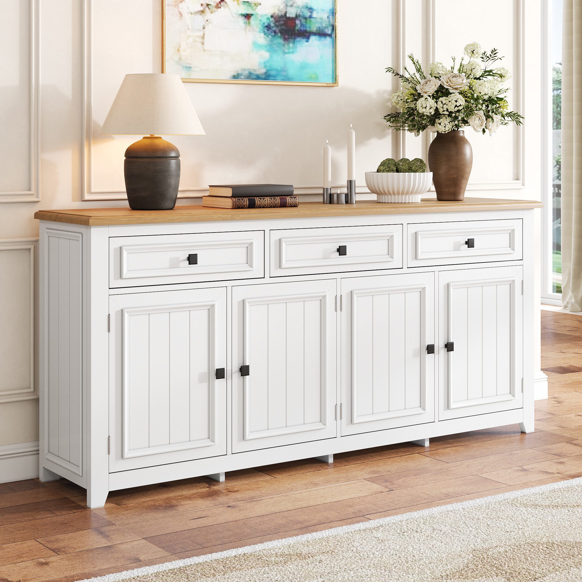Merax Sideboard mit großzügigem Stauraum, Anrichte im modernen Minimalismus (160x35x76cm, 1 St), Kommode mit 3 Schubladen, 4 Türen & verstellbaren Einlegeböden