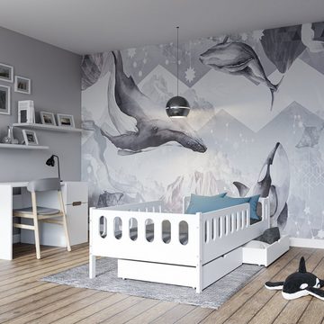 CADANI Kinderbett LARS 200x90 cm - Weiß (abnehmbarer Rausfallschutz), Bodenbett, einfache Montage, integrierter Lattenrost, Montessori