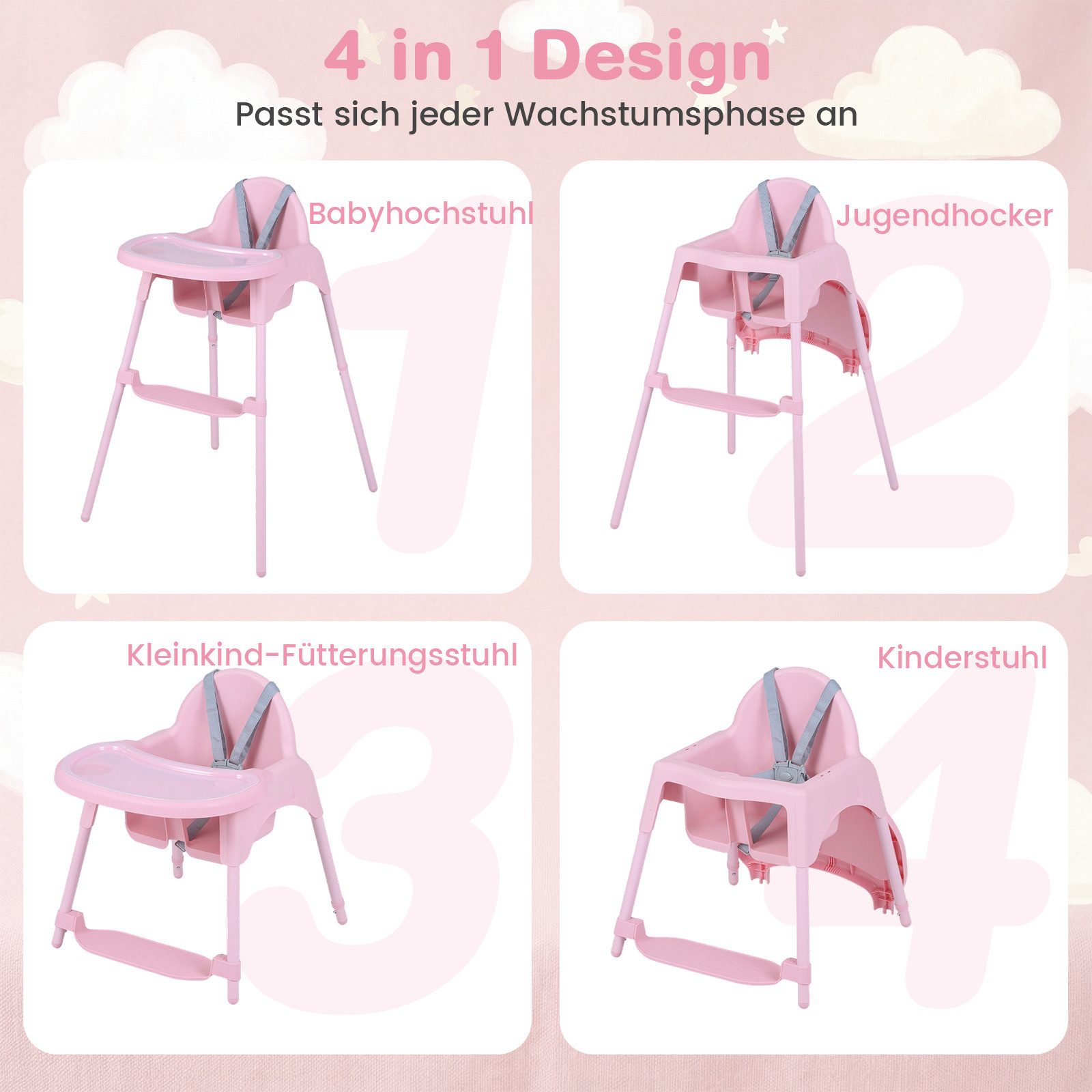 COSTWAY Hochstuhl (1 St), Kinderhochstuhl, 4 in 1 Babystuhl, mit 2 Höhen