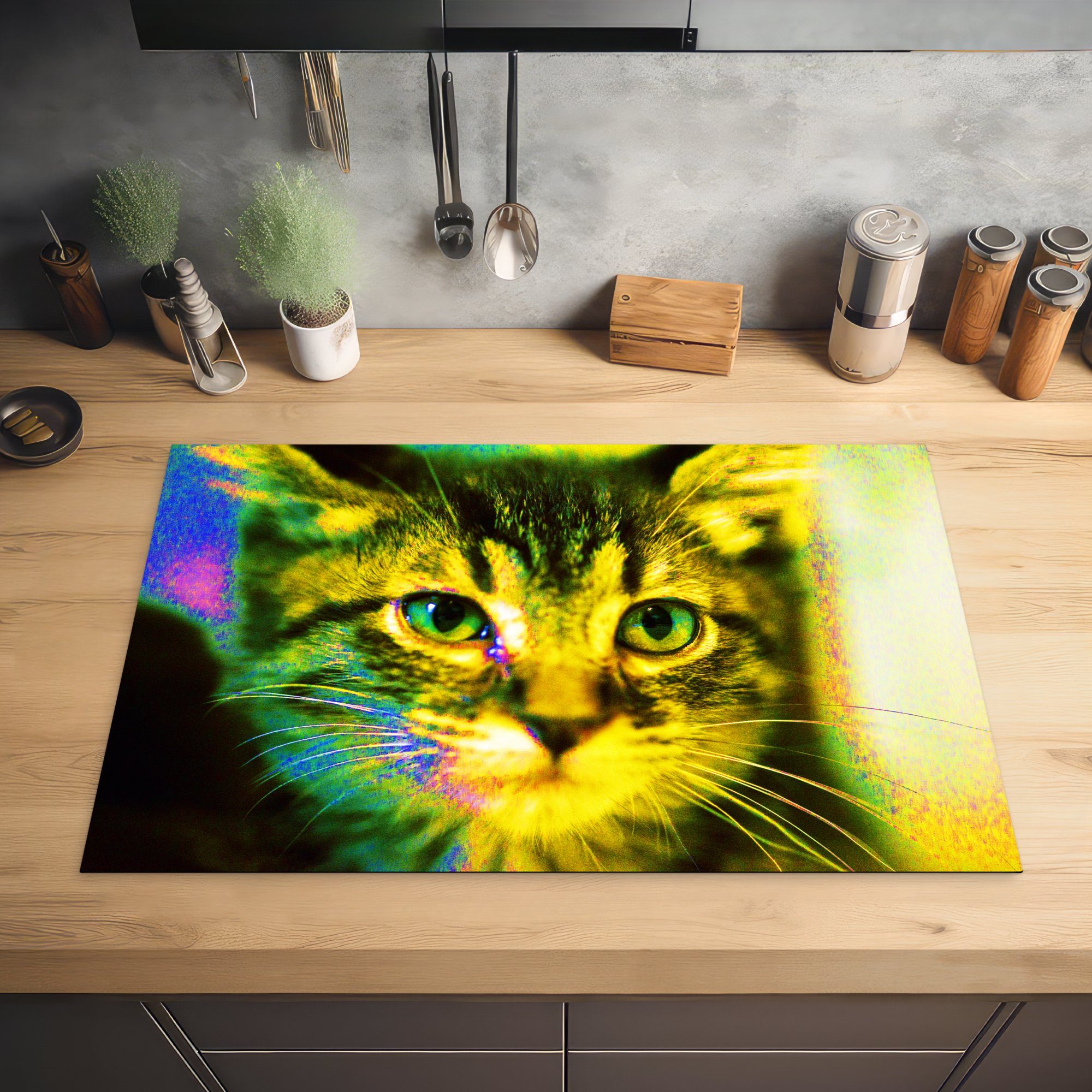 Katze, Ein küche, tlg), für cm, die Pop-Art-Bild Induktionskochfeld 81x52 Herdblende-/Abdeckplatte (1 von MuchoWow Ceranfeldabdeckung Schutz Vinyl, einer
