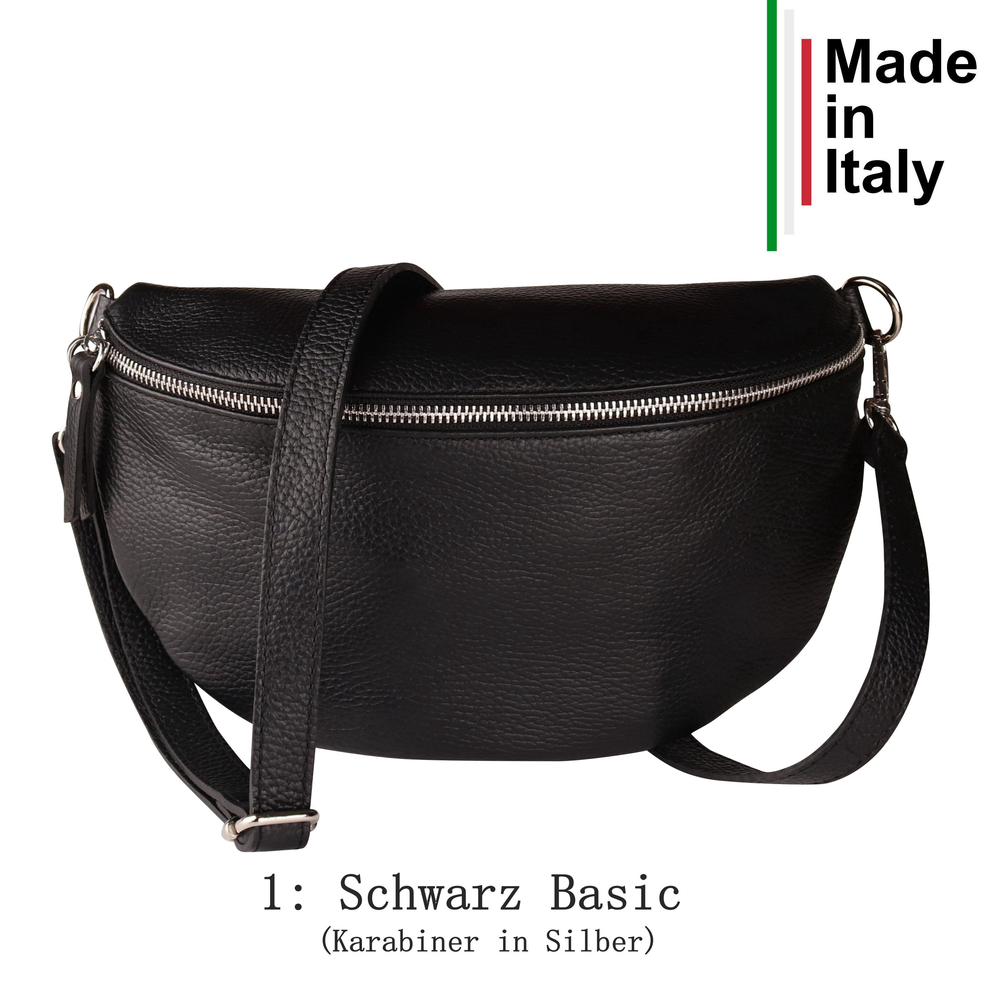 MIRROSI Bauchtasche Damen, Echtleder, Made in Italy, Umhängetasche, Brusttasche, (Schultertasche für jeden Anlass (1 Tasche & 2 Gurte), Crossbody Bag, Schwarz, gemusterten& verstellbaren Schulterriemen