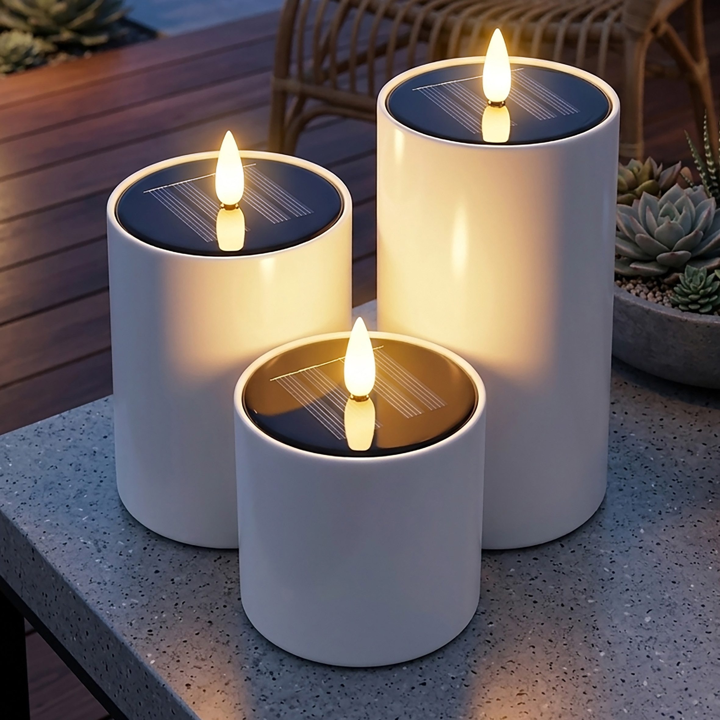 Spetebo LED-Kerze Solar LED Stumpenkerzen mit Flammen Effekt 3er Set (Anzahl, 1-tlg., Stück), realistischem Flammen Effekt