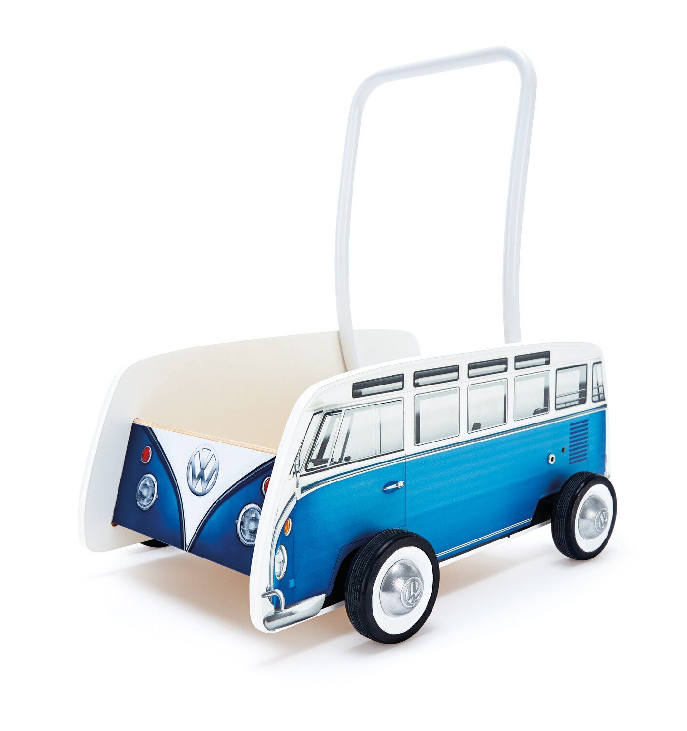 VW Collection by BRISA Lauflernwagen Volkswagen Lauflernhilfe im VW T1 Bulli Bus Design aus Holz, 47,4 x 36 x 48,3 cm Blau/Weiß