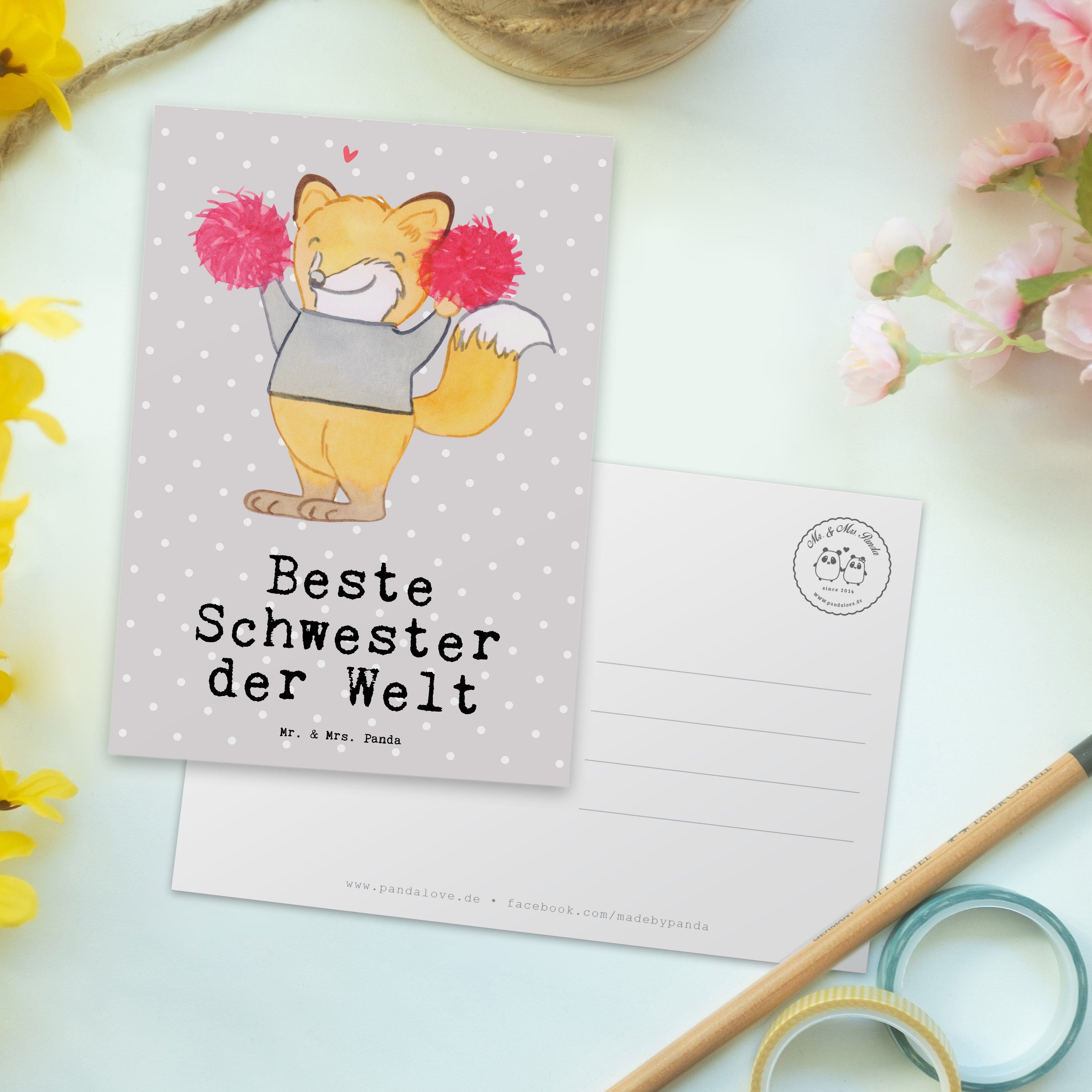 - Mr. Mrs. - Postkarte Schwester Fuchs Pastell Panda Beste & Grau Welt Geschenk, Geburtstags der