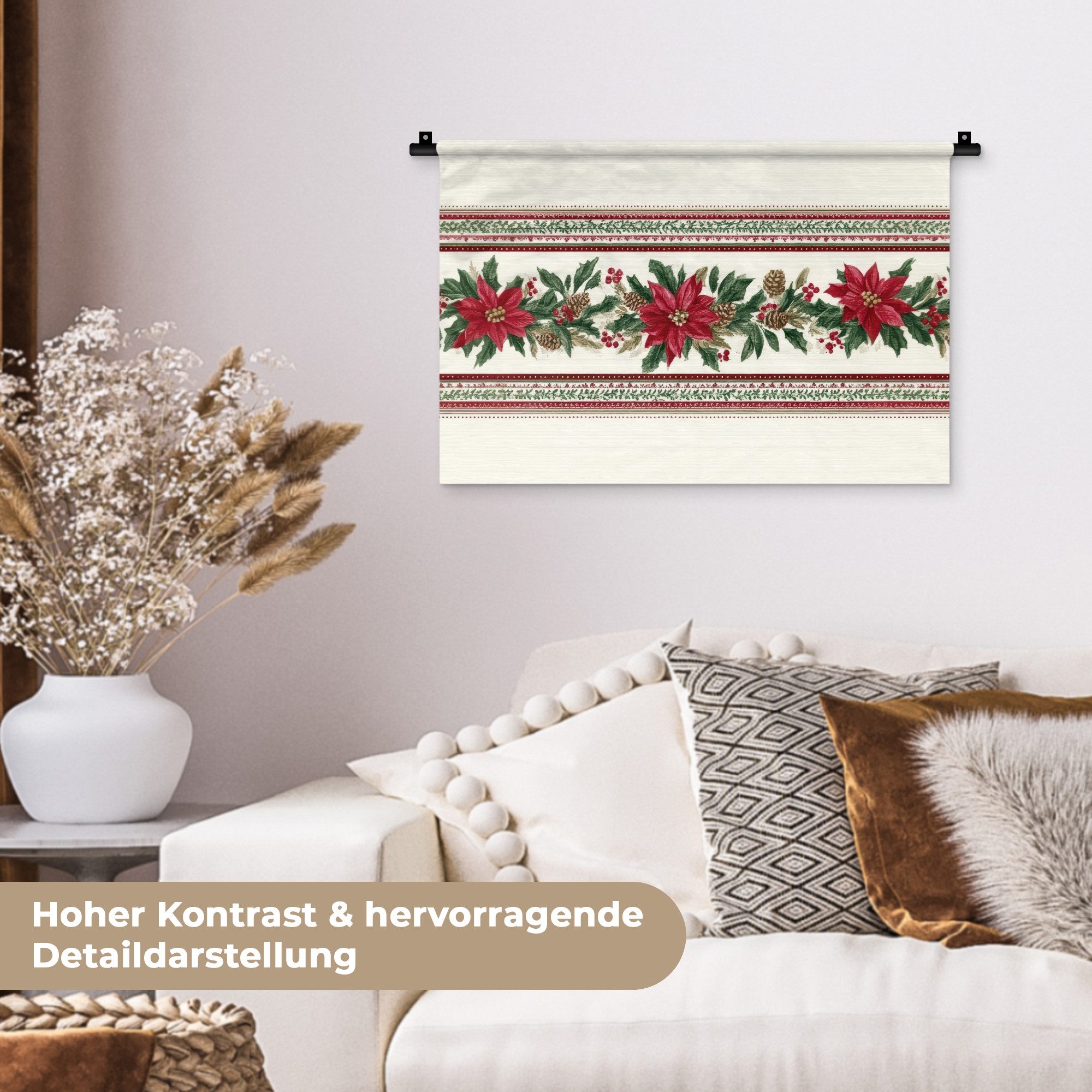 MuchoWow Wandteppich Weihnachtsstreifen - Weihnachtsstern - Rot - Grün, Rechteckig, Höhe: 3 mm, Wandteppich für Wohnzimmer, Schlafzimmer, 60x40 cm