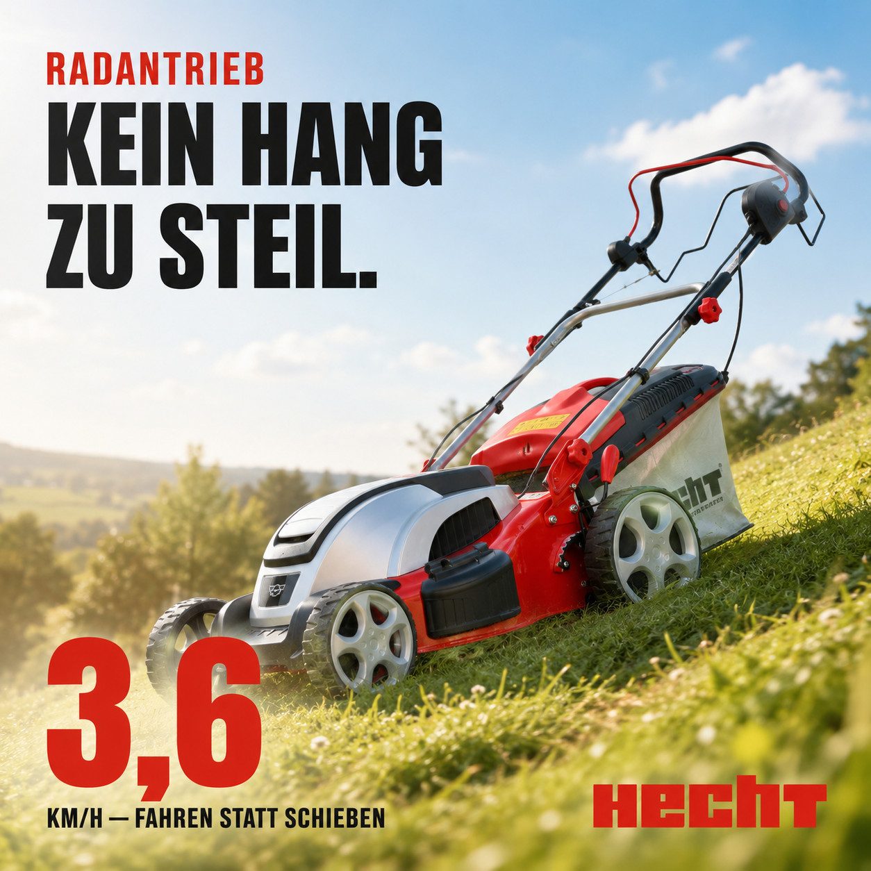 Hecht Elektrorasenmäher 1803 S mit Radantrieb Mulchkit 5in1, 46 cm Schnittbreite, 1800 Watt, 60 Liter Fangkorb, 3,6 km/h