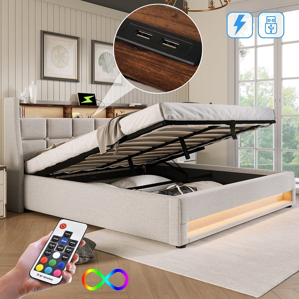 Polsterbett (Funktionsbett, 180x200 cm Hydraulisches Bett mit Lattenrost), Stauraumbett mit LED-Beleuchtung und USB-Anschluss, Baumwolle-Leinen