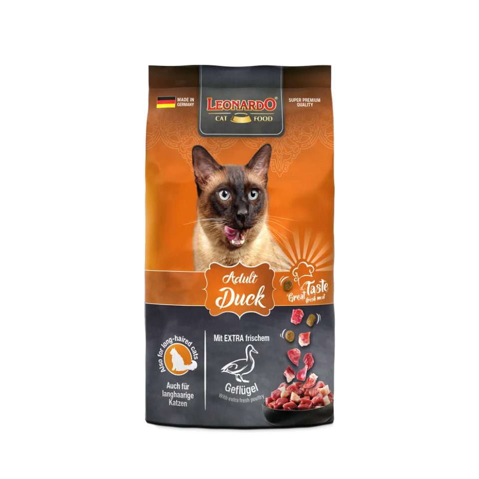 Leonardo Catfood Adult Duck - hochwertiges Trockenfutter mit Chiasaat & Krill, Trockenfutter für: Katzen