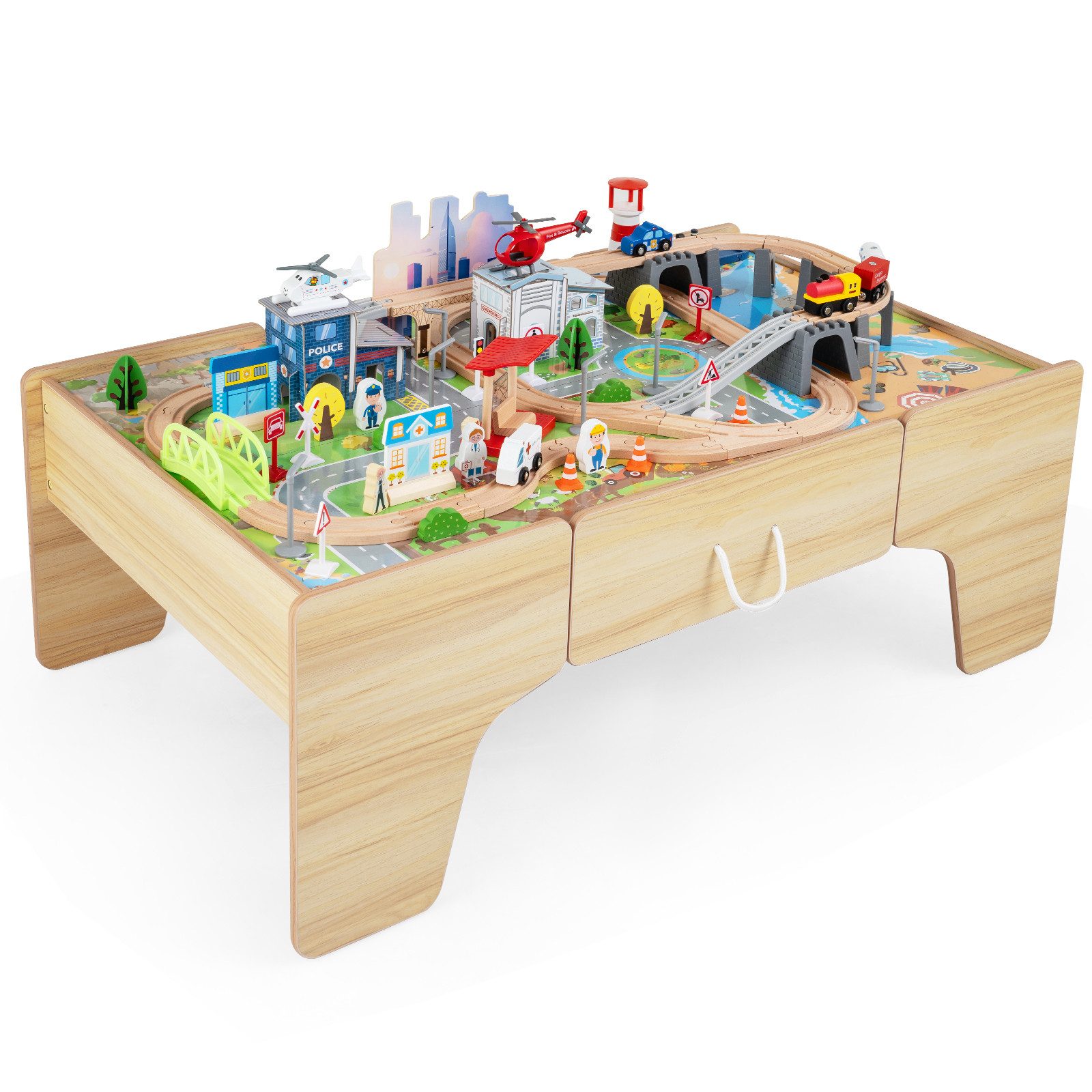 COSTWAY Spielzeug-Eisenbahn Spieltisch aus Holz, (110-tlg), Kinder Eisenbahn-Set