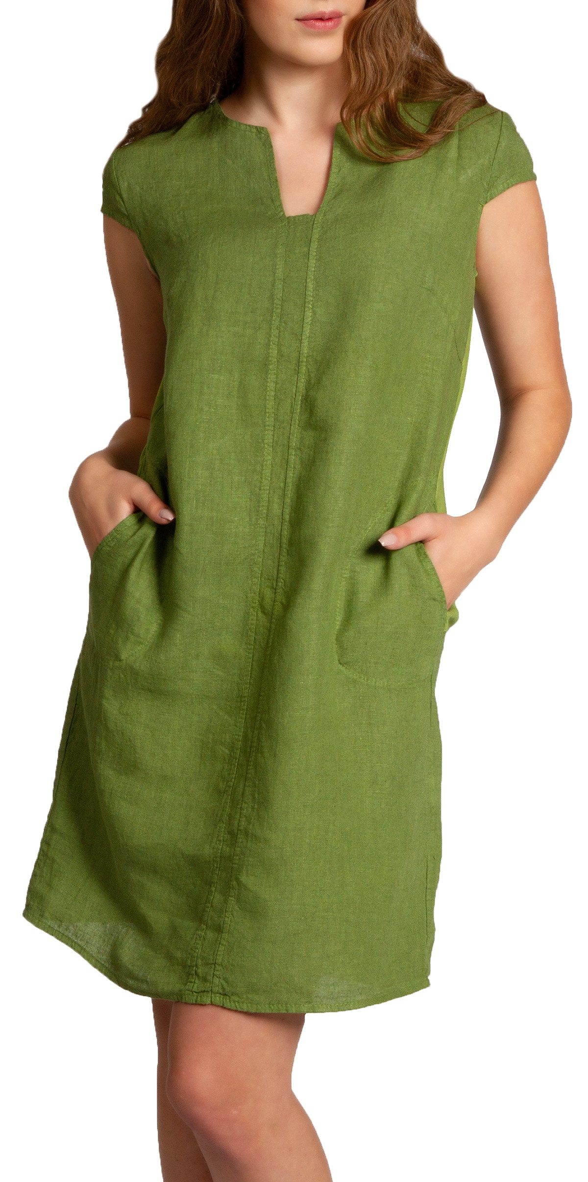 Caspar Sommerkleid Caspar SKL036 Damen Sommer Leinenkleid mit ausgefallenem Ausschnitt Luftig leicht, figurumspielende Form, mit seitlichem Jersey-Einsatz