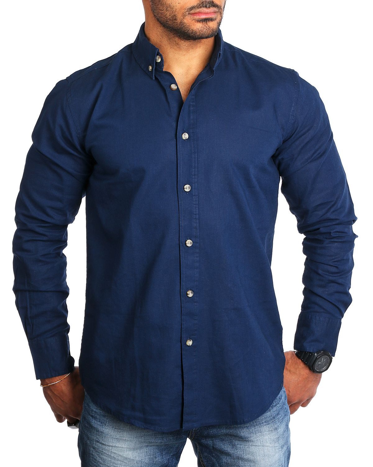 CARISMA Langarmhemd Herren Leinen Baumwoll Mix Casual Hemd 8529 Regular Button-Down-Kragen Langarm Uni