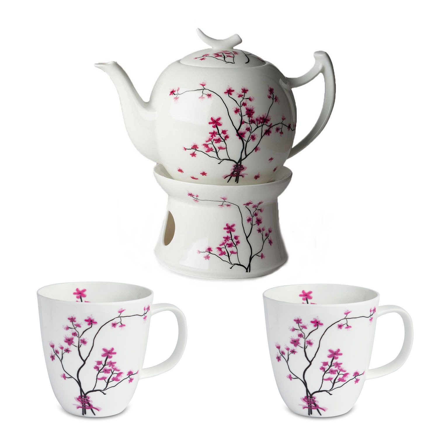 Dekomiro Teeservice TeaLogic Cherry Blossom 1 Tekanne 2L, 2 Becher 0,4L u. Stövchen (5-tlg), 2 Personen, Fine Bone China Porzellan, Teesevice mit Teekanne 2 Liter Inhalt Stövchen und 2 Teebecher
