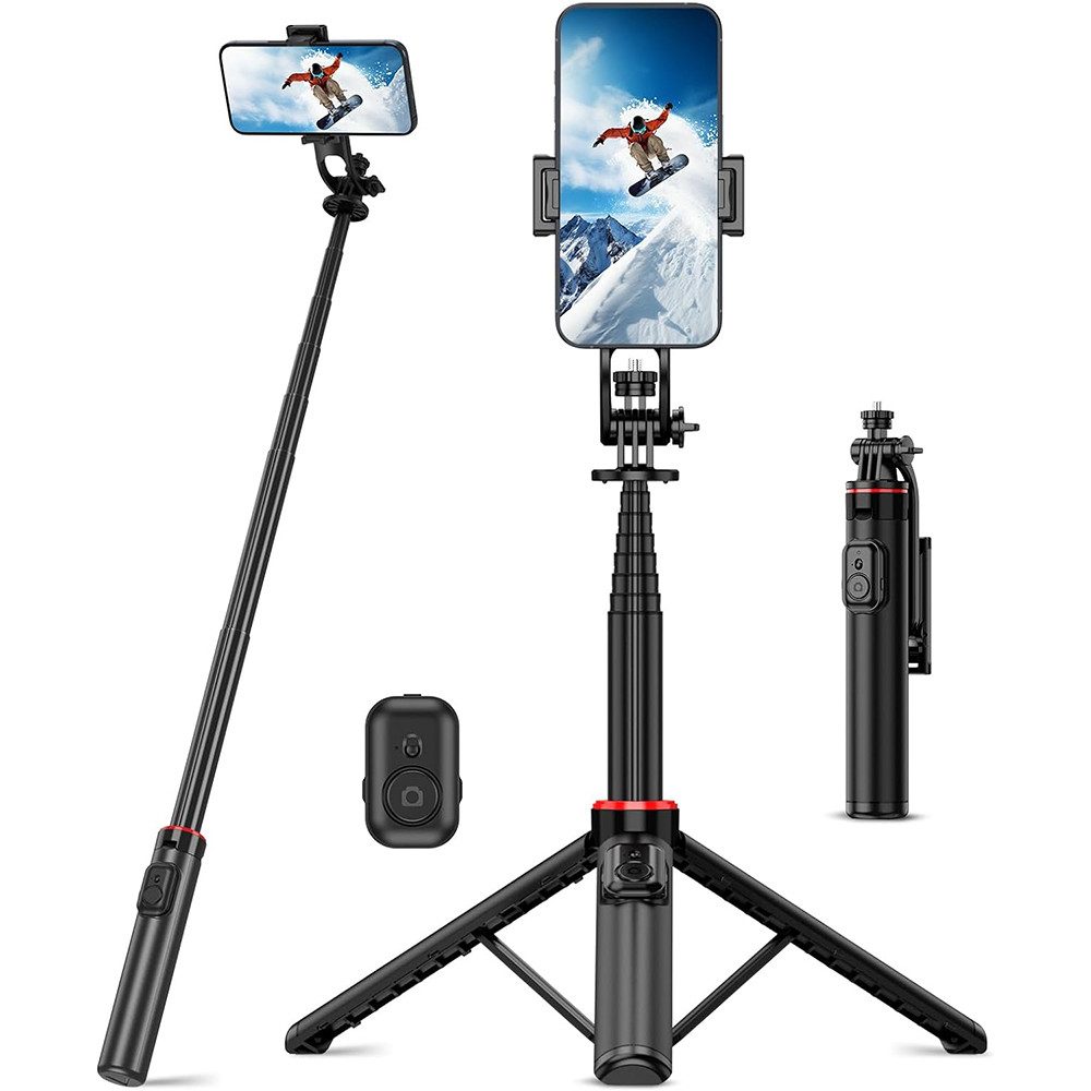 NUODWELL Selfie-Stick Selfie Stick Handy Stativ mit Handy-Clip & Fernauslöser, 360° Drehbare, 130cm Aluminium Ausziehbar Stick für Android/iPhone/Samsung Smartphone
