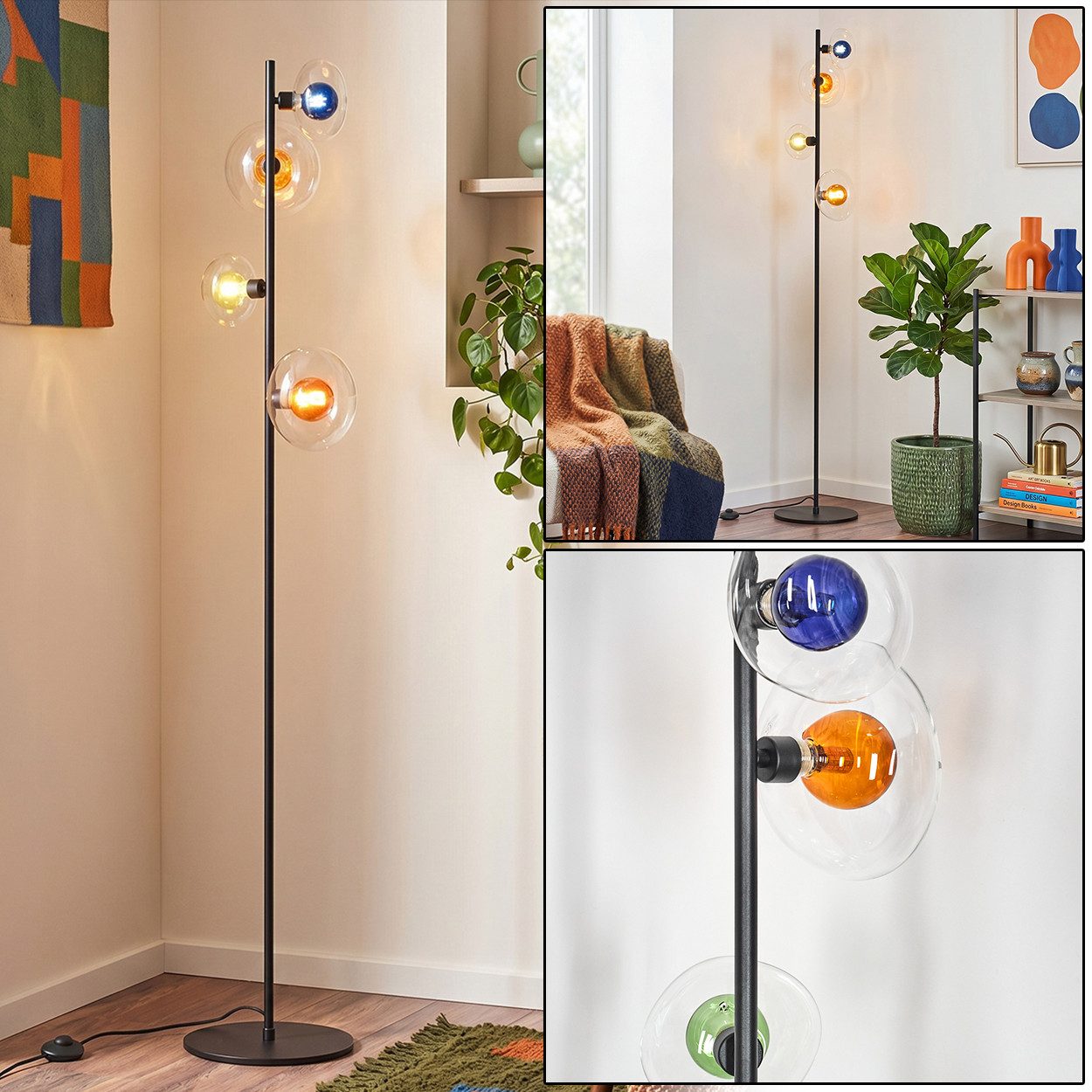 hofstein Stehlampe Stehleuchte aus Metall/Glas in Schwarz/Bernstein/Grün/Blau/Klar, ohne Leuchtmittel, Glasschirme (18 cm), Fußschalter am Kabel, 4 x G9 ohne Leuchtmittel