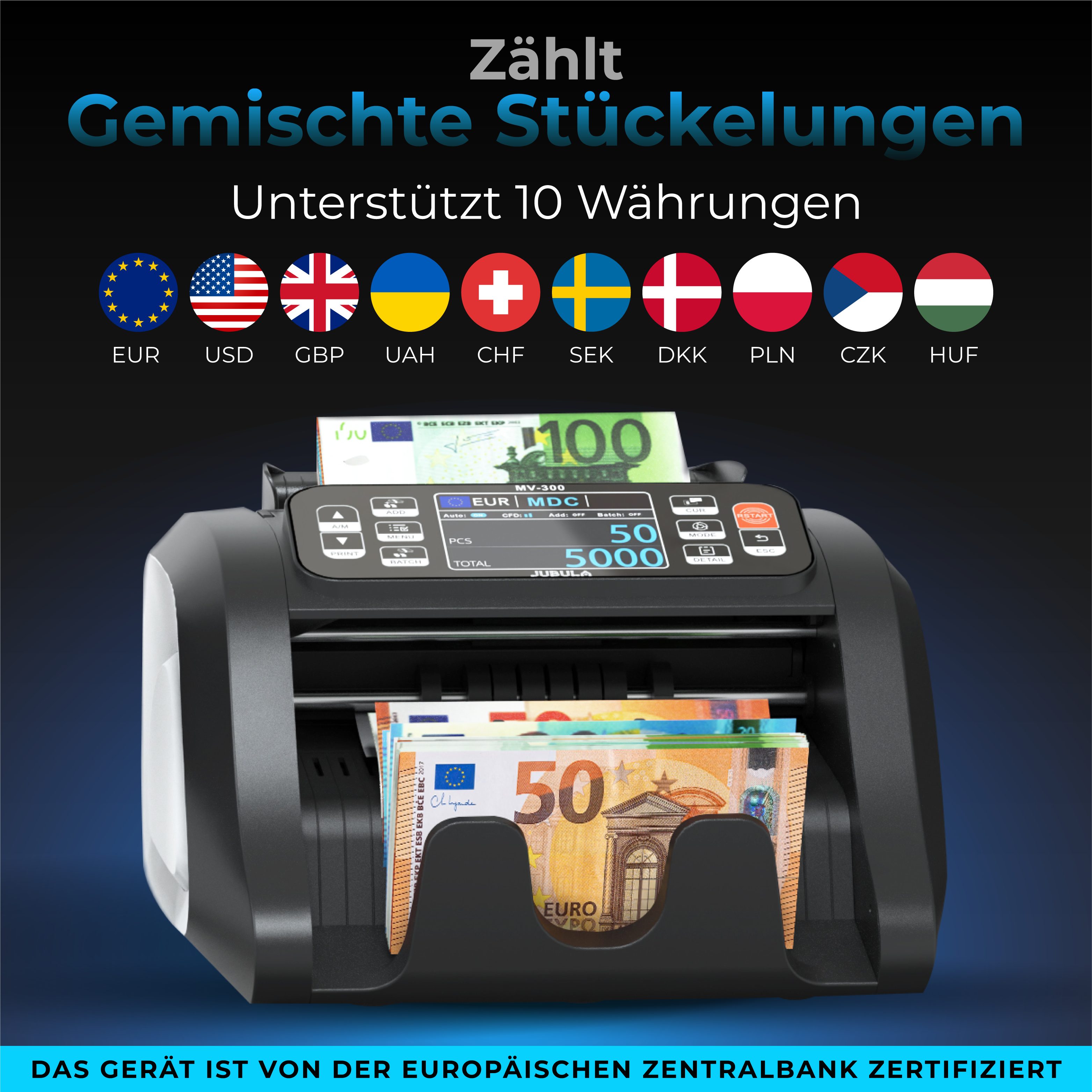 Jubula Banknotenzähler Mv-300, EUR USD GBP, Geldzählmaschine für gemischte Geldscheine, Exakt