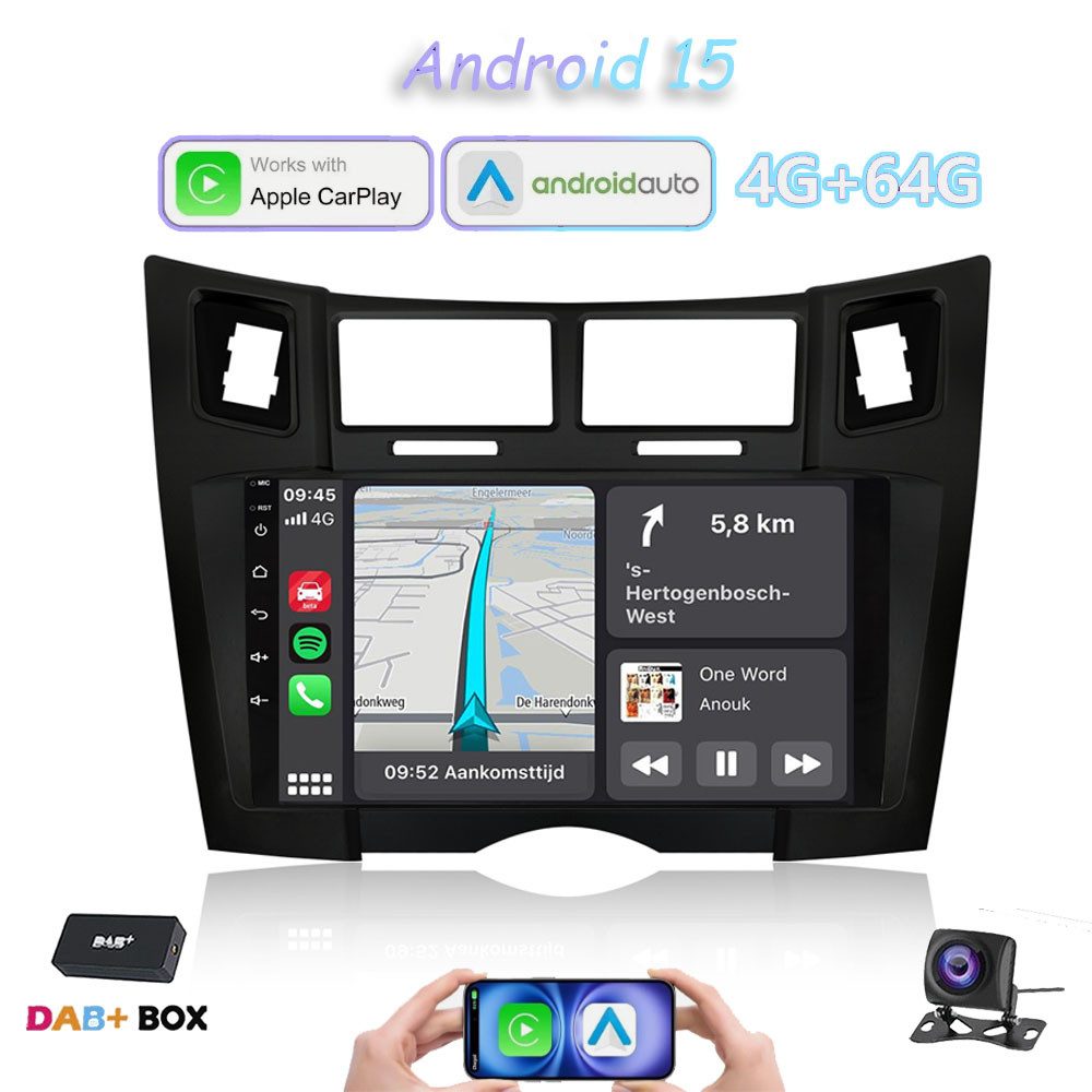 A-Sure Für Toyota Yaris XP90 2005-2012 4+64G Android 15 GPS Navi SWC CarPlay Autoradio (Digitalradio (DAB), FM, AM, 1280*800 IPS Screen/8-Core CPU)