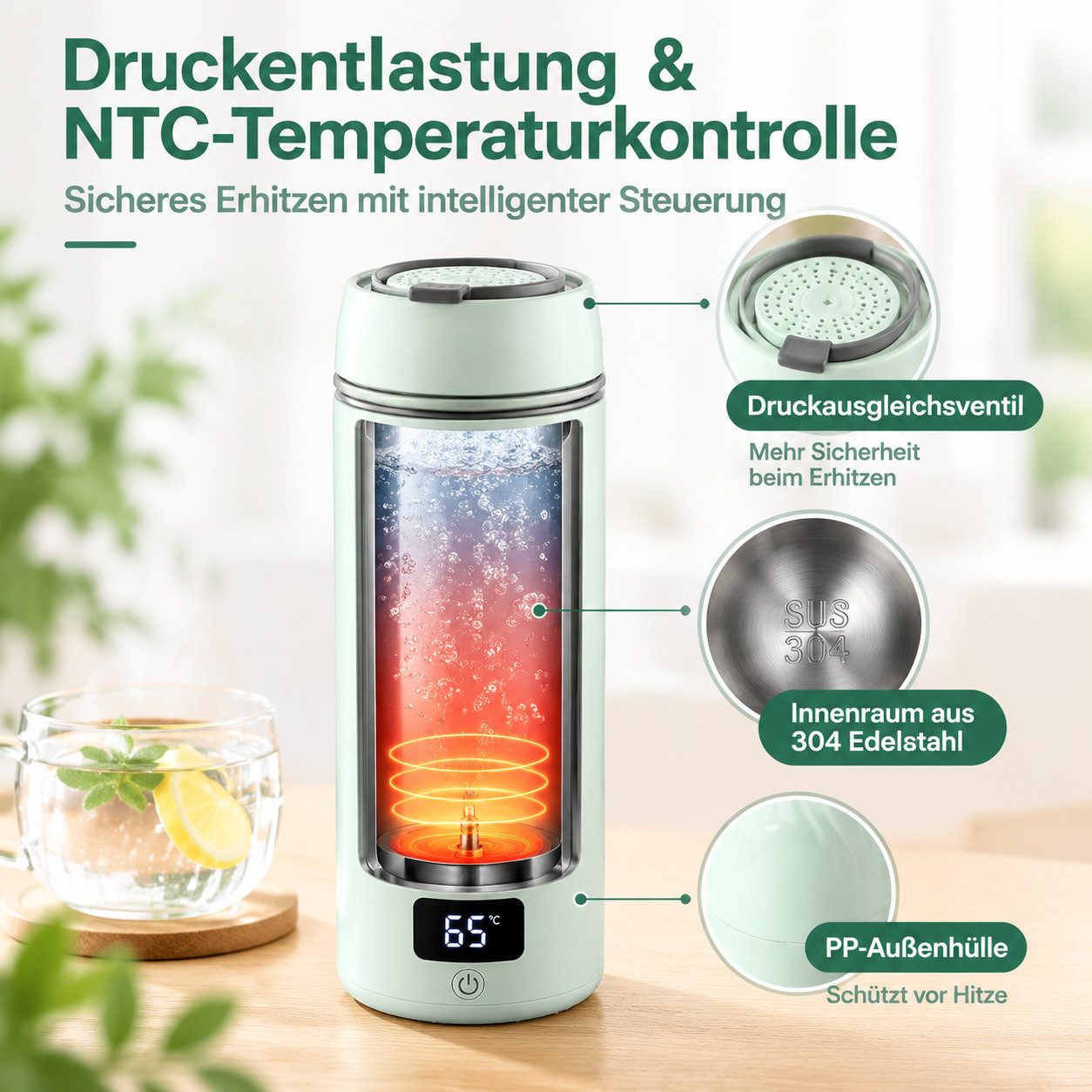 Fyrove Wasserkocher Mini Reisewasserkocher 400ml mit Temperaturanzeige, 304 Edelstahl, 300 W – Bild 4 von 5