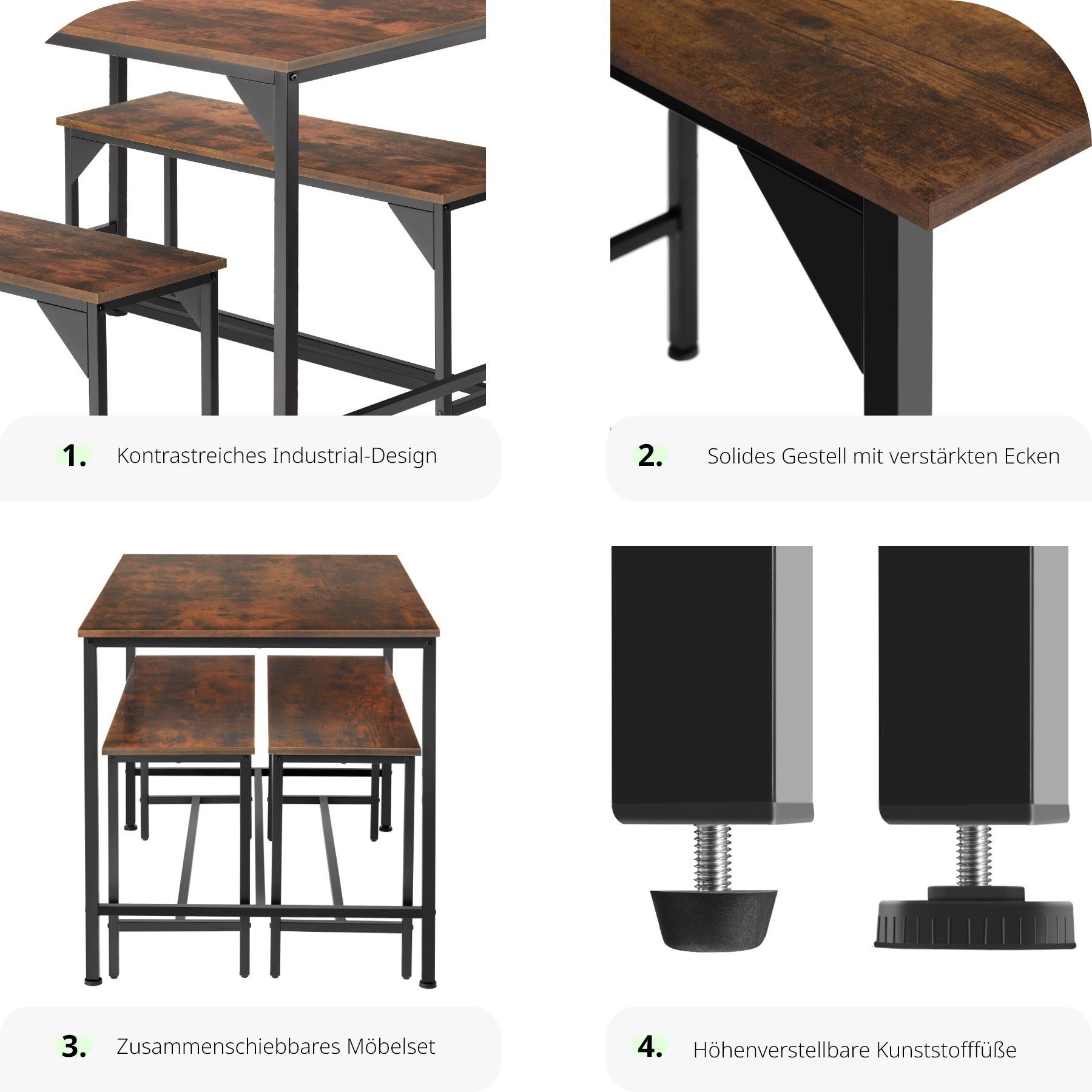 rustikal zu Holz 3-tlg), leicht reinigen Sitzgruppe (Set, Bolton, dunkel, Industrial tectake