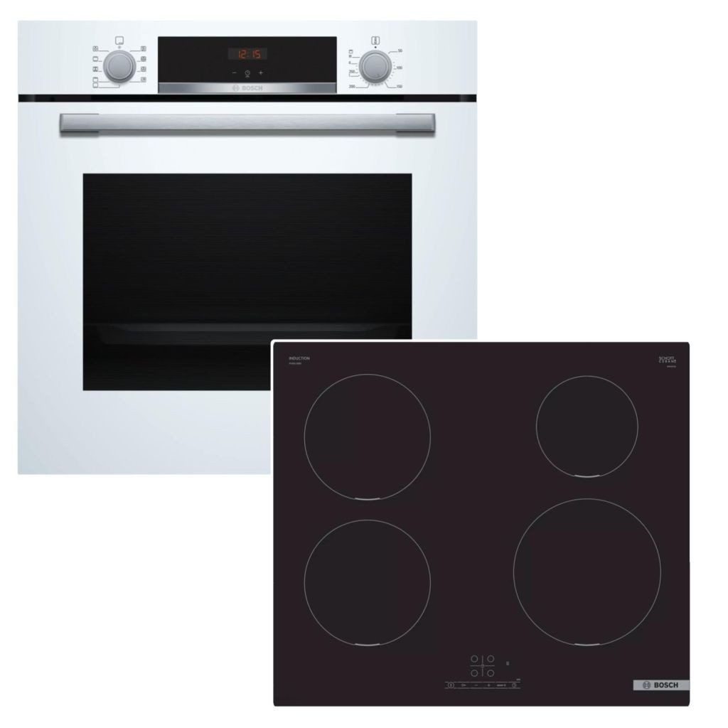 BOSCH Backofen-Set weiß autark 3D Heißluft 71L Hydrolyse Induktionskochfeld PowerBoost, Hydrolyse