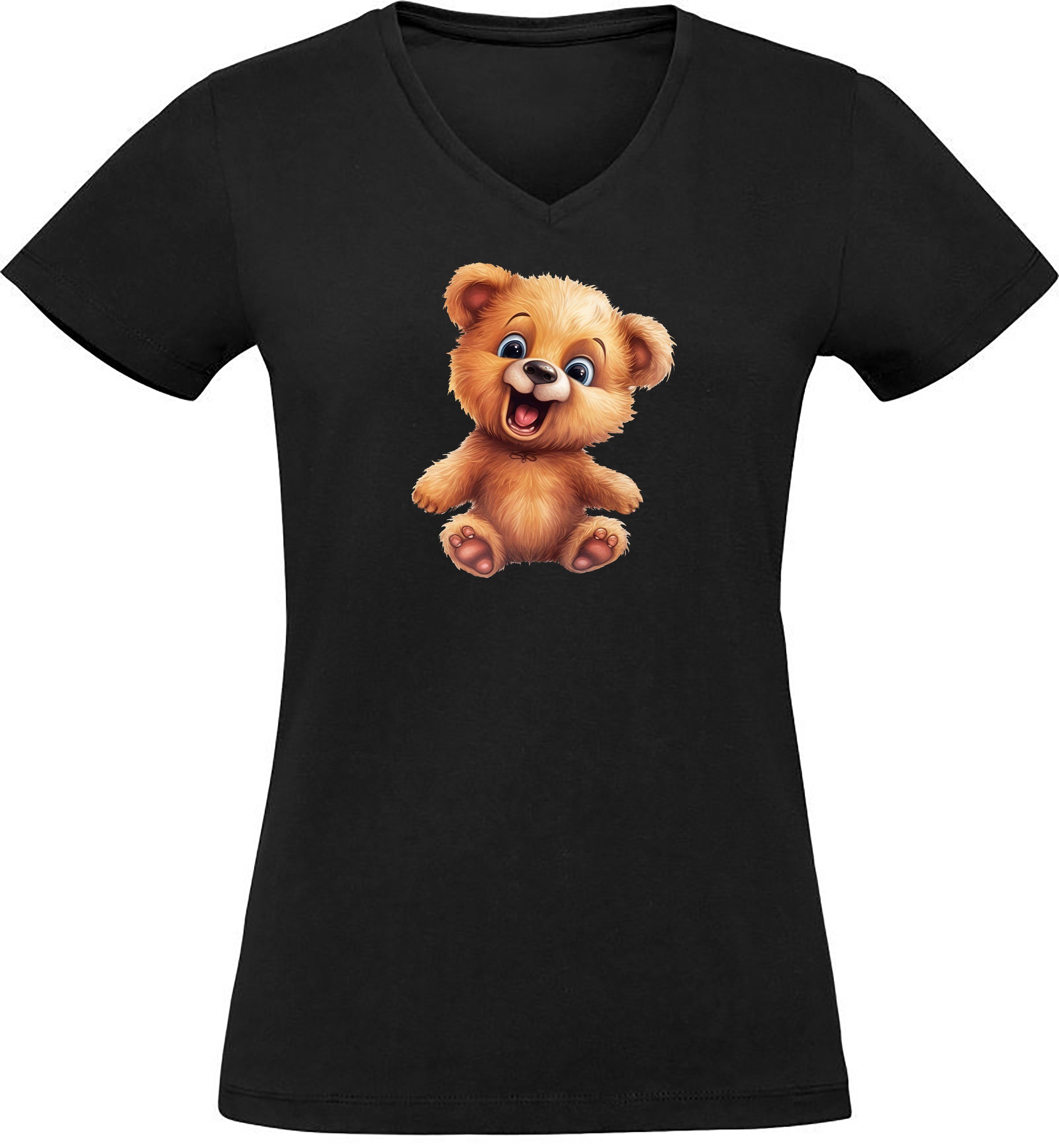 MyDesign24 T-Shirt Damen Wildtier Print Shirt - Baby Teddybär V-Ausschnitt Baumwollshirt mit Aufdruck Slim Fit i268
