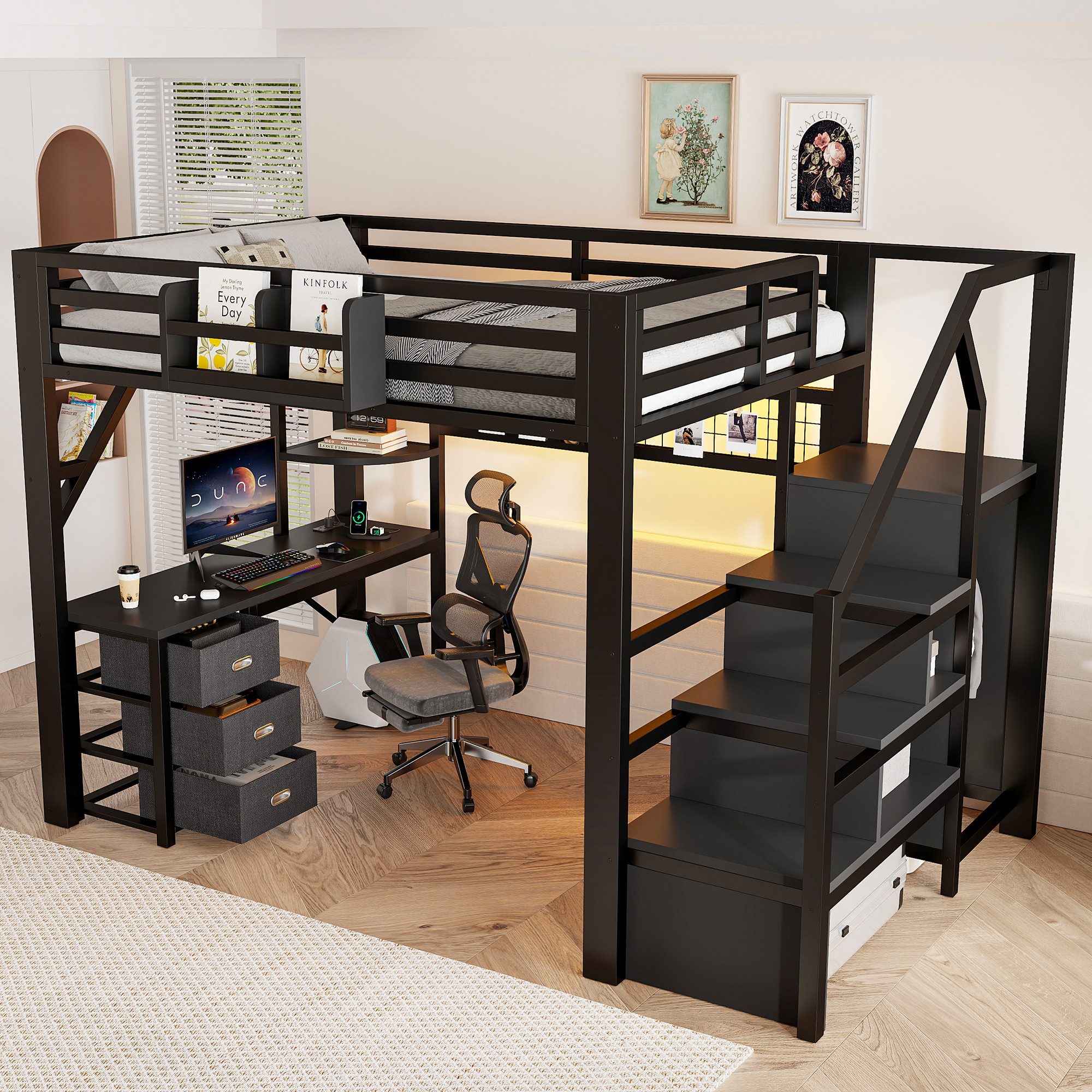STILVORA Jugendbett 140×200 mit Stauraum Funktionbett Metallbett, ohne Matratze (Hochbett mit Schreibtisch, Treppe, Kleiderschrank und Regal, Holz, LED, Ladestation, 3 Stoffschubladen, Lochwand, Stauraum), für Kinderzimmer, Jugendzimmer, Studentenzimmer und kleine Räume