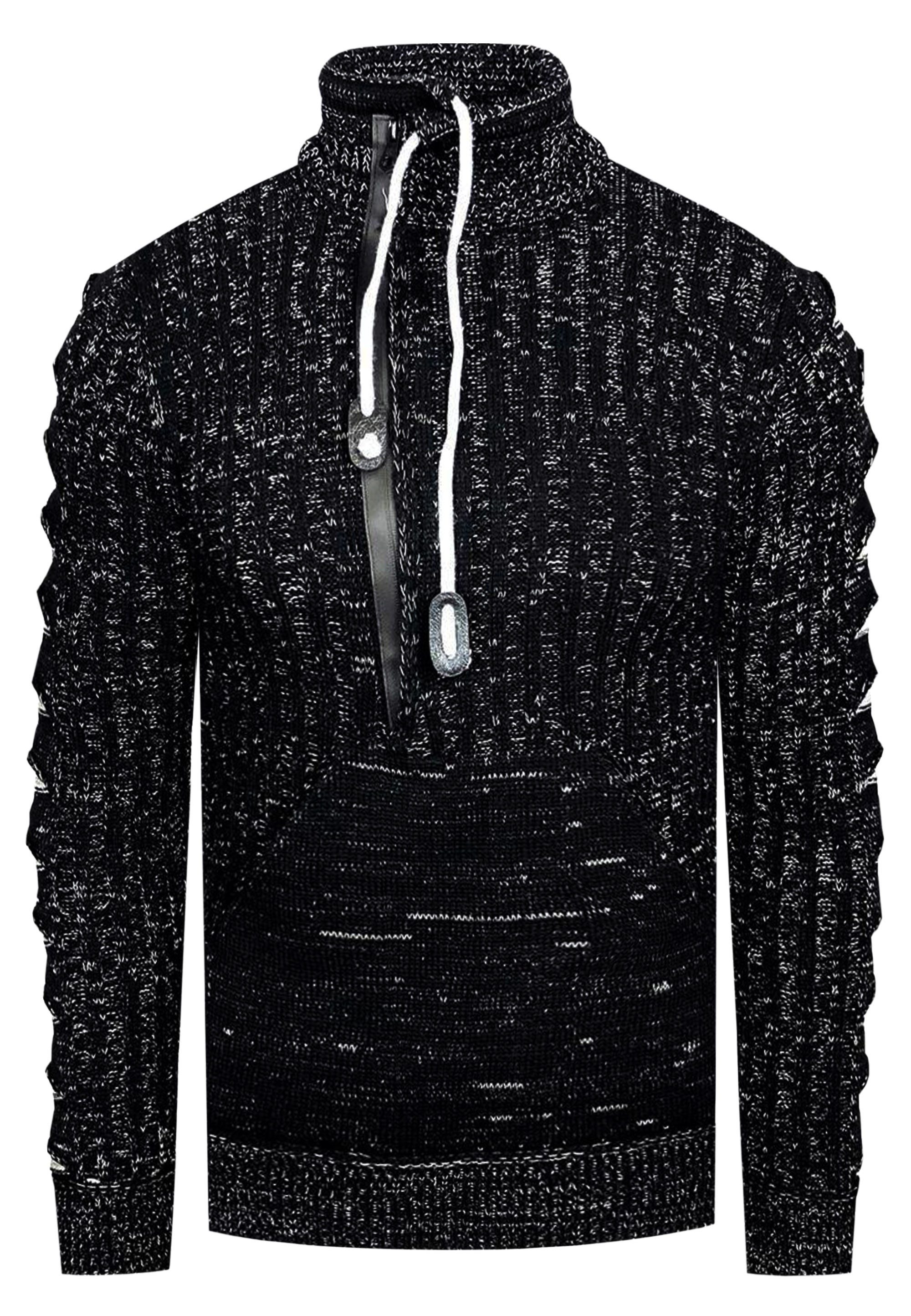 R-NEAL Stehkragenpullover Stehkragen Grob Strick Pullover mit Zipper und Logo Schriftzug