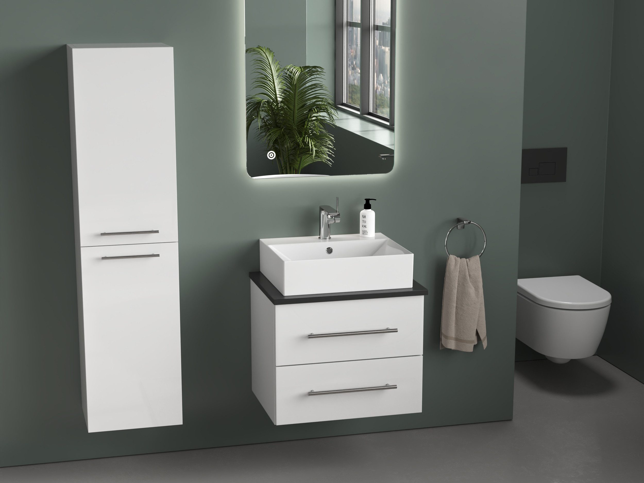 Aqua Bagno Badmöbel-Set Aqua Bagno Flex Badmöbel 60 cm Weiß Hochglanz mit Keramik & Naturstein, (Badschrank vormontiert, 3-St., Badmöbelschrank mit Trägerplatte, Waschtisch), einfache Montage