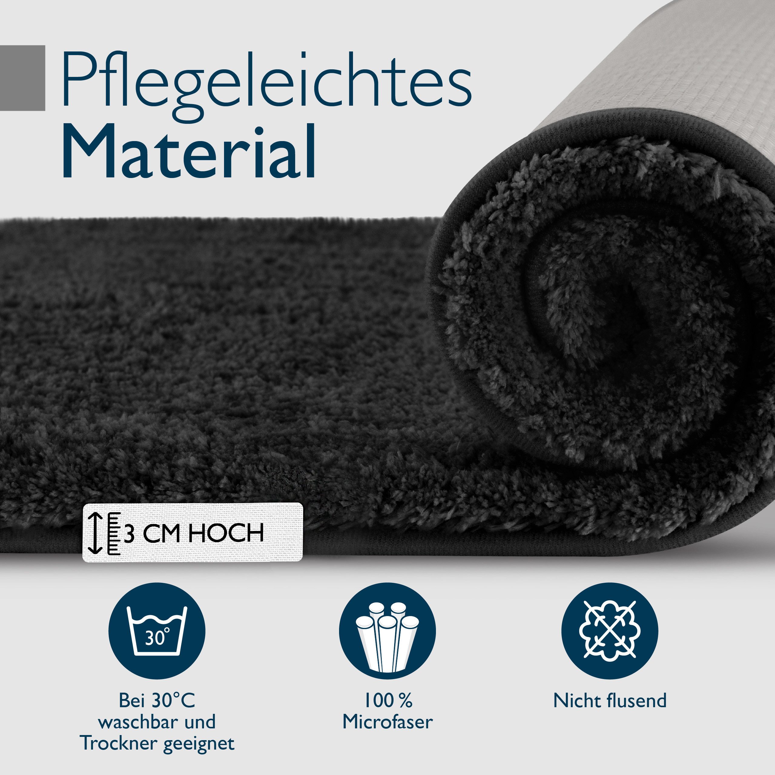 Beautissu Badematte Badematte rutschfest BeauMare FL, 60x50cm, Schwarz, Höhe 30 mm, Polyester, 60x50 cm Duschvorleger Hochflor Badteppich rutschfest Waschbar Sh – Bild 4 von 5