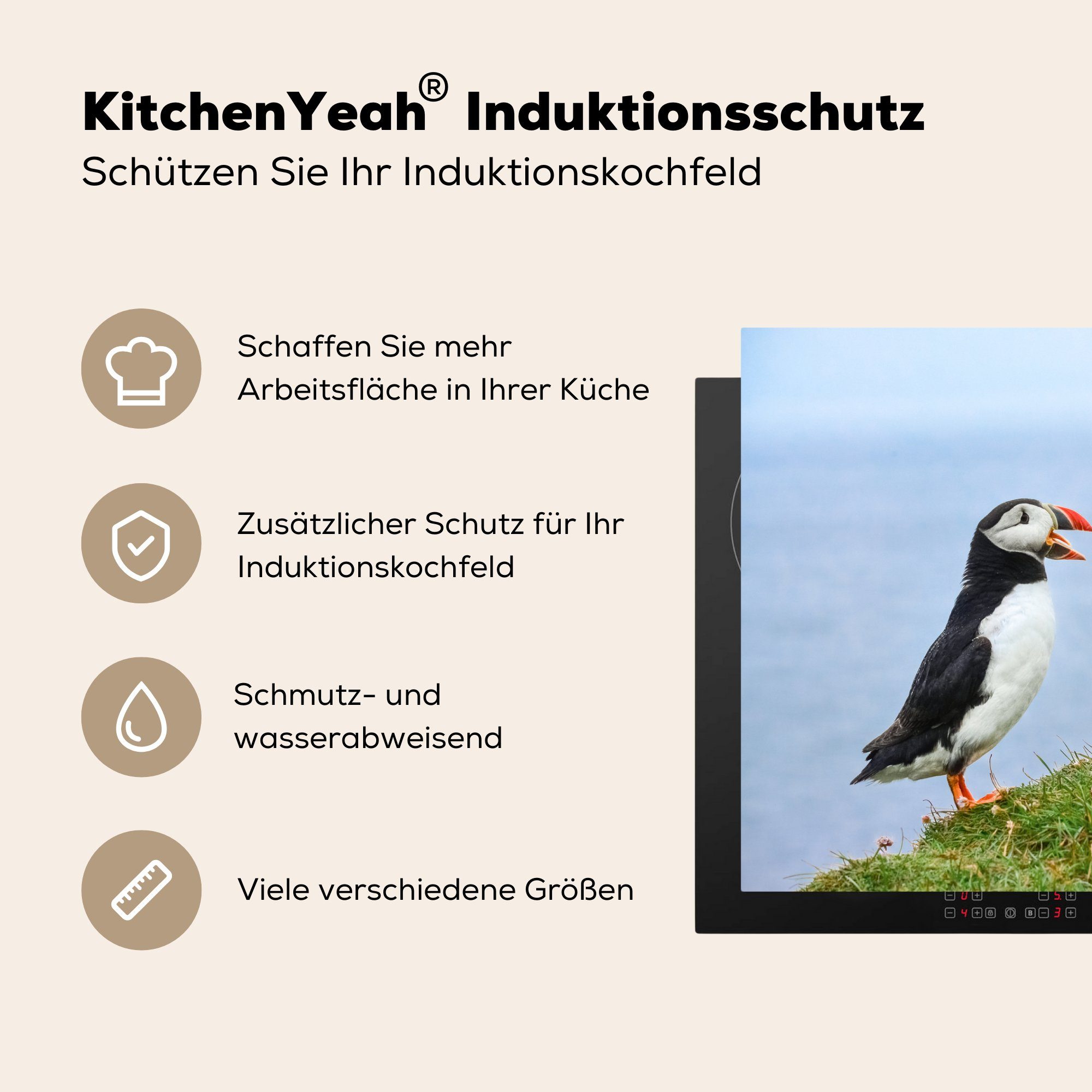 MuchoWow Herdblende-/Abdeckplatte Zwei Papageientaucher im Ceranfeldabdeckung 81x52 Vinyl, tlg), Induktionskochfeld cm, (1 Gespräch, für küche, Schutz die