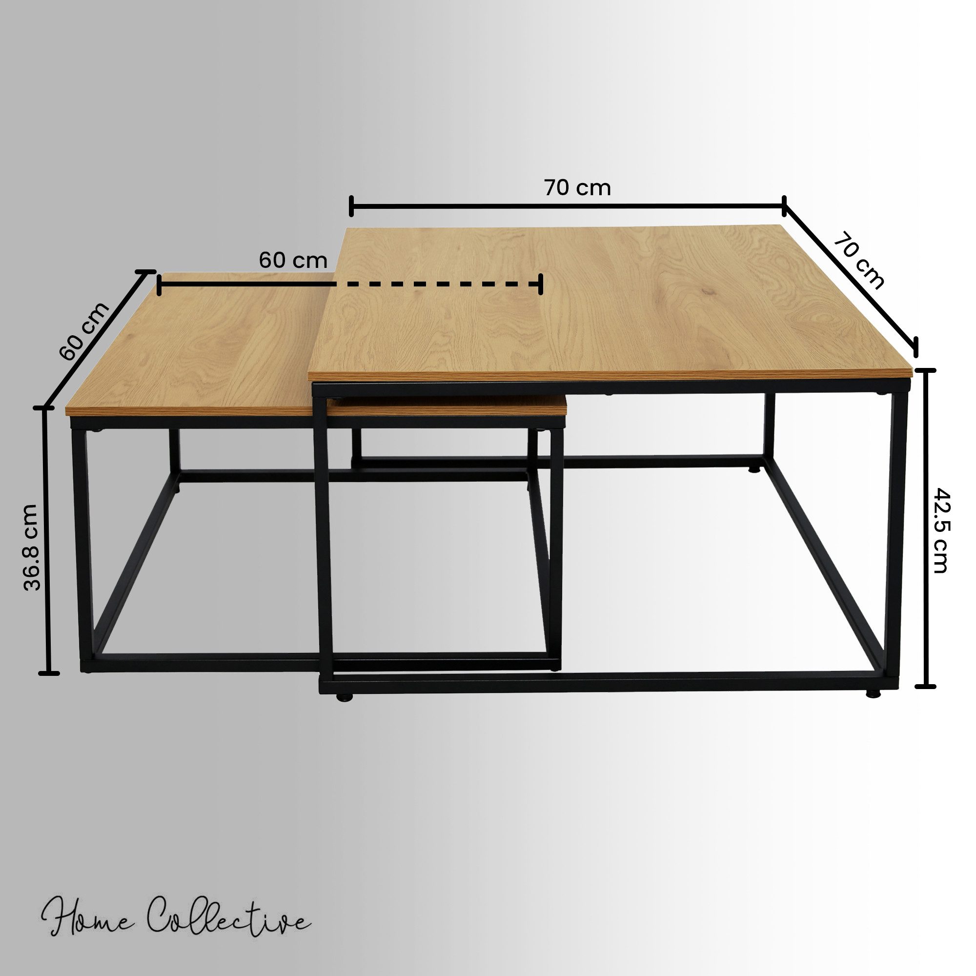 Home Collective Couchtisch 2er Set Beistelltisch Wohnzimmertisch modern rund und quadratisch (ideal als Büro Ablagetisch oder als Wohnzimmer Deko, Quadratisch Set 2 in 1), hochwertiges Design mit Metallgestell, stabile Tischplatte, eiche hell