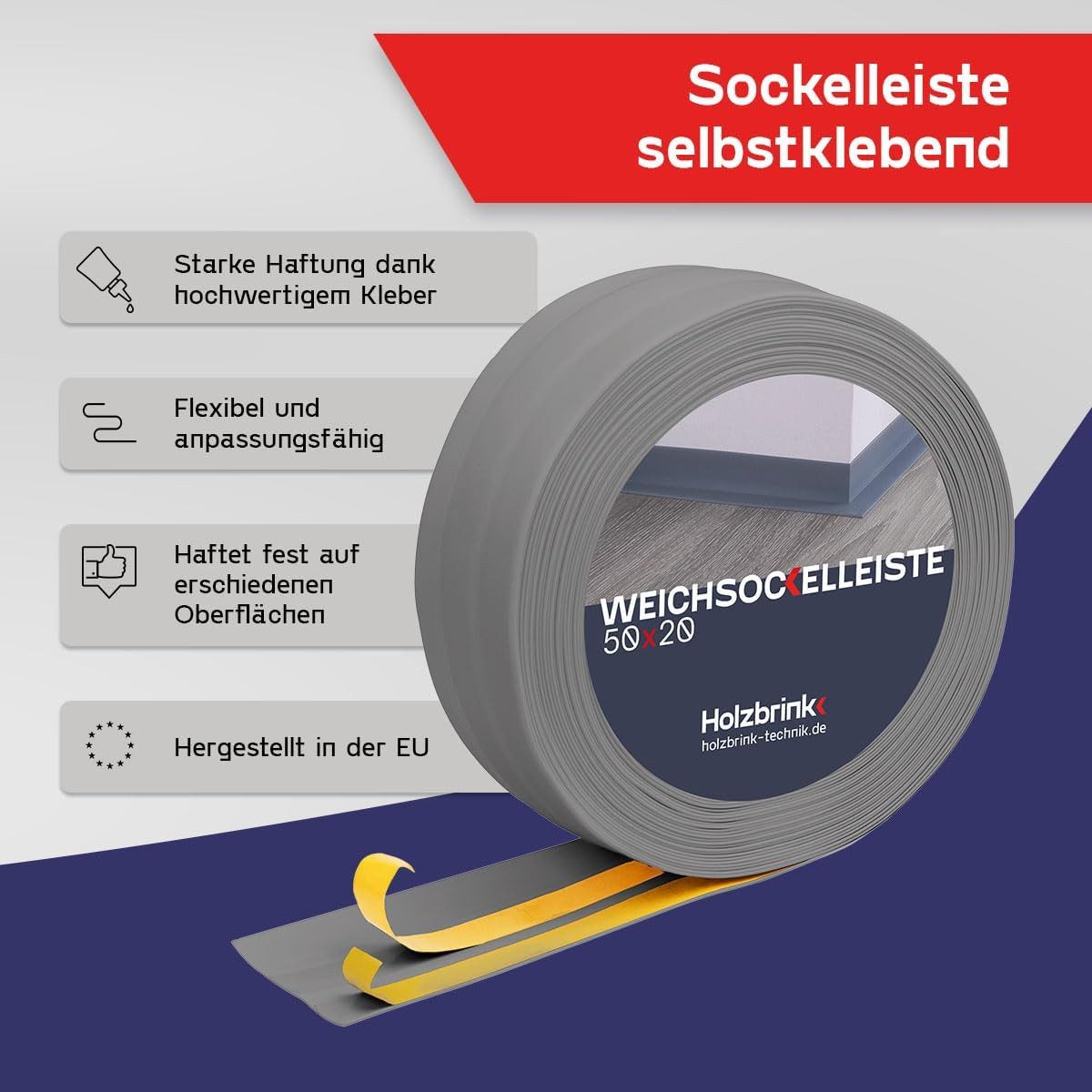 HOLZBRINK Sockelleiste PVC Weichsockelleiste selbstklebend 50x20mm Hellgrau, L: 500 cm, 5m Rolle, Küchenabschlussleiste Arbeitsplatte, Fensterleiste, Fensterabdichtung