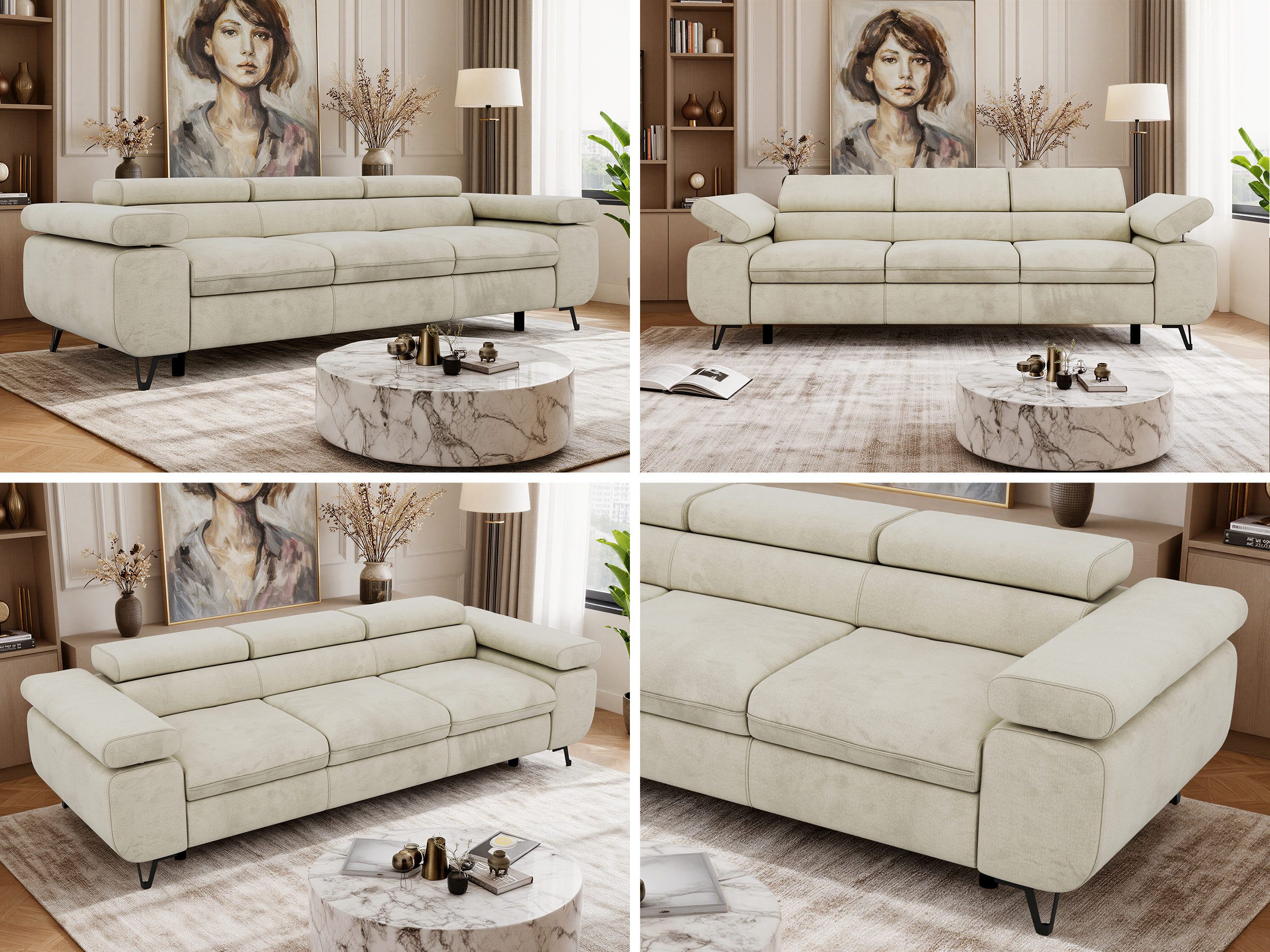 MKS MÖBEL Sofa PETER, Polstersofa mit verstellbaren Armlehnen, 3-Sitzer Sofa, Wellenfedern