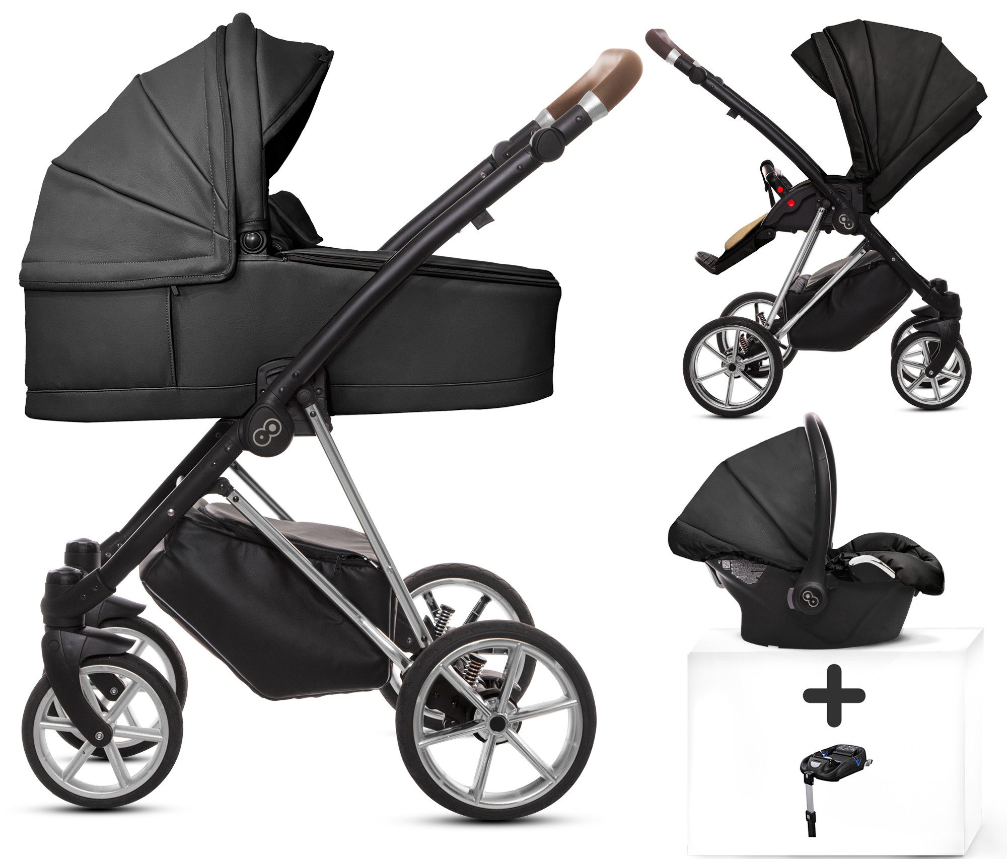 TPFFamily Kombi-Kinderwagen 4 in 1 Musse Royal, Baby Buggy Babywanne Autositz Isofix Basis, Zubehör-Set Kinderwagen 4 in 1 Kunstleder Schwarz, Gestell Silber