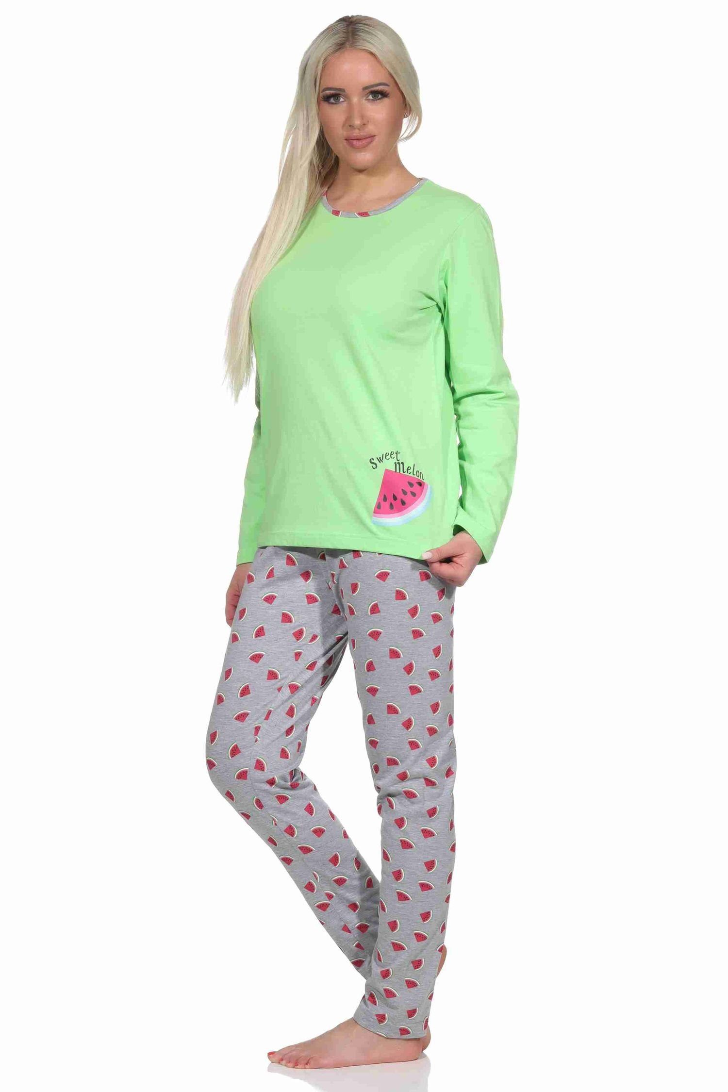 Schlafanzug Pyjama lang allover grün bedruckt Damen als Melone mit Motiv, Normann Hose