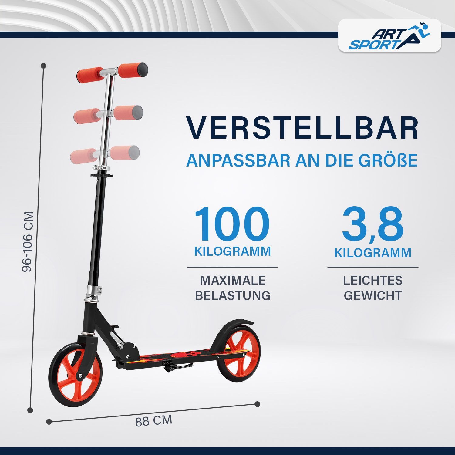 ArtSport Cityroller Fire, mit XXL Rädern, Fußständer, Hinterradreibungsbremse